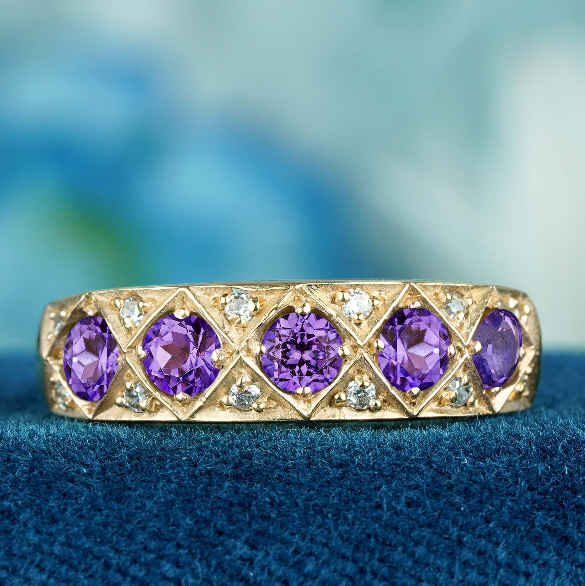 Natural Amethyst Diamond Victorian Style Five Stone Band Ring in 9K Yellow Gold — a stunning embodiment of vintage opulence. At the heart of this alluring piece is a row of five beautifully crafted oval amethyst stones, each embraced by delicate