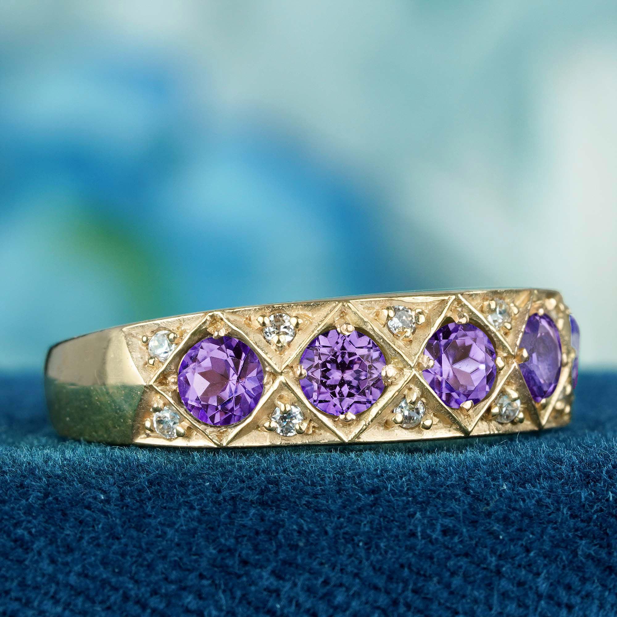 Edwardian Natural Amethyst Diamond Victorian Style Five Stone Band Ring in 9K Yellow Gold