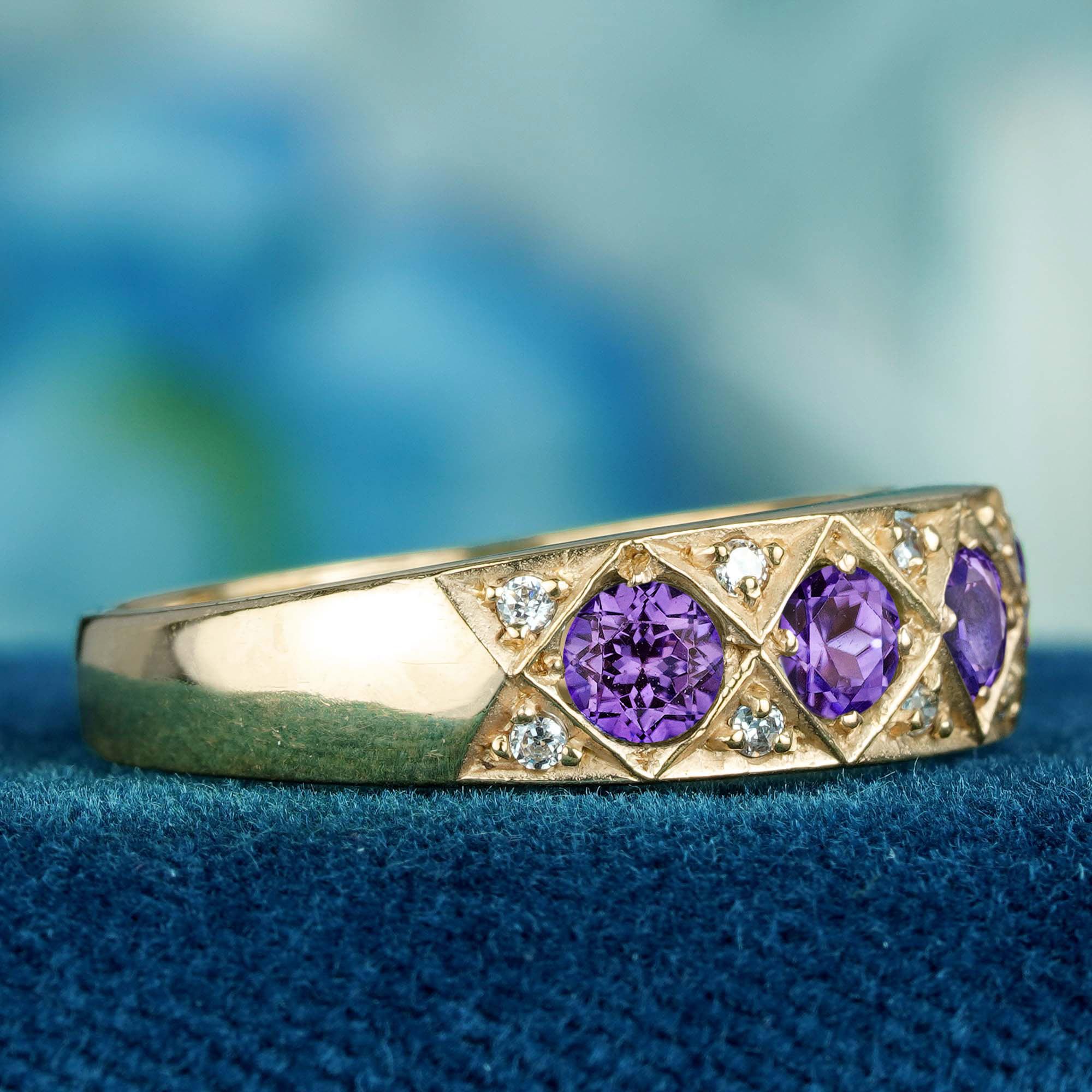 Round Cut Natural Amethyst Diamond Victorian Style Five Stone Band Ring in 9K Yellow Gold