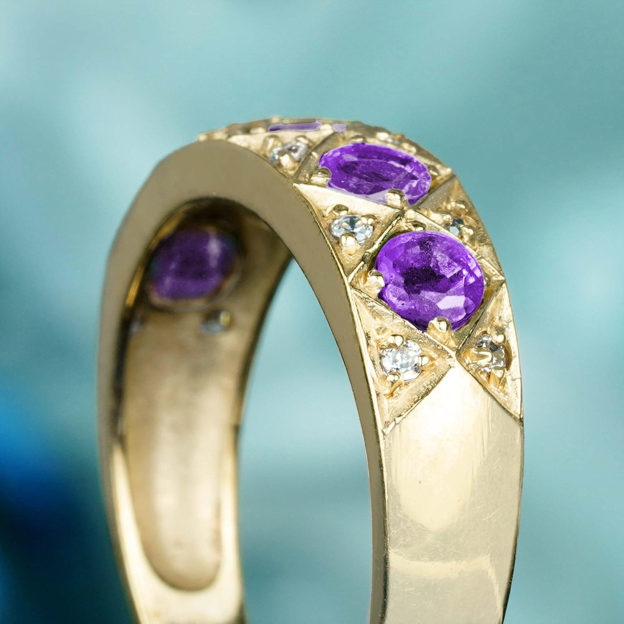 Women's Natural Amethyst Diamond Victorian Style Five Stone Band Ring in 9K Yellow Gold