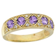 Natural Amethyst Diamond Victorian Style Five Stone Band Ring in 9K Yellow Gold