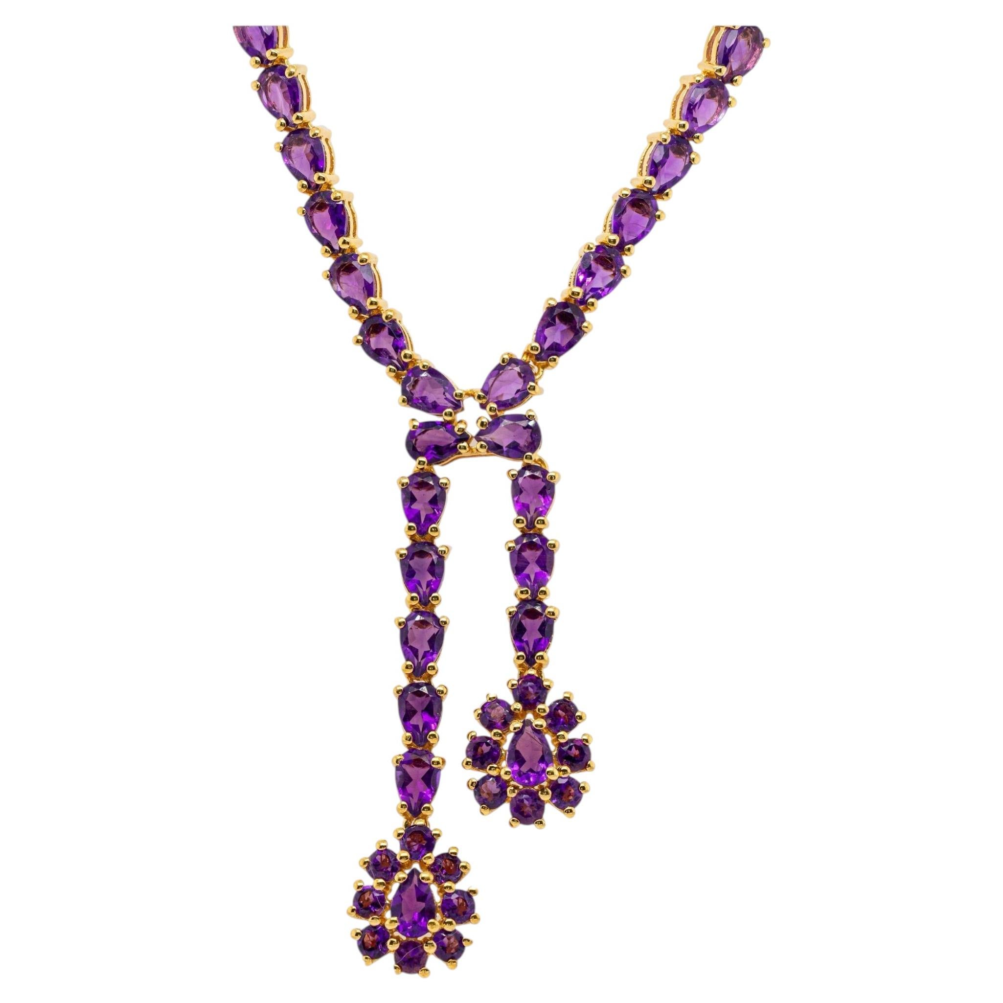 Collier à double goutte en argent plaqué or jaune 24 carats et améthyste naturelle 32 carats