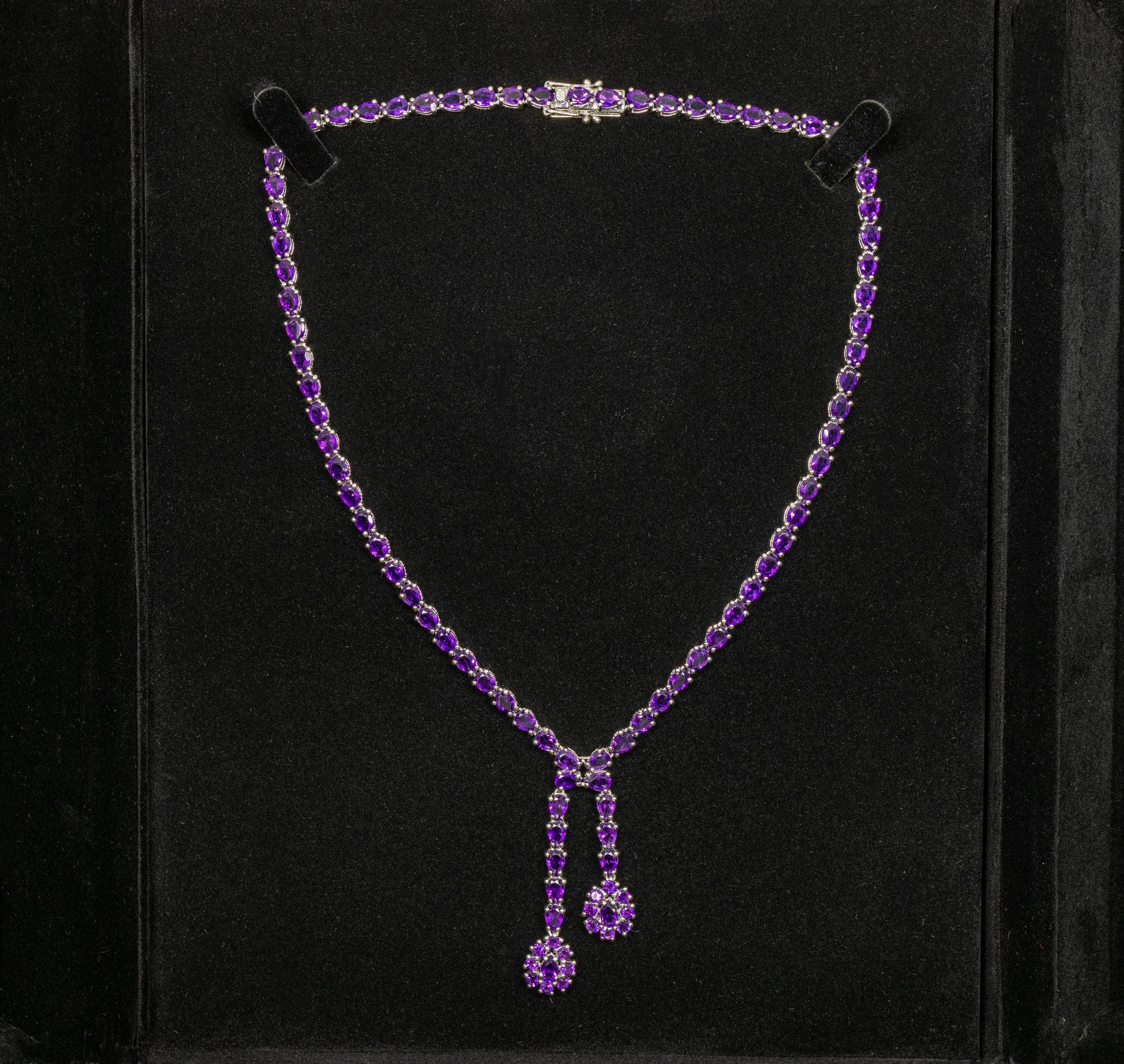 Natürliche Amethyst-Doppeltropfen-Halskette 32 Karat Sterlingsilber (Zeitgenössisch) im Angebot