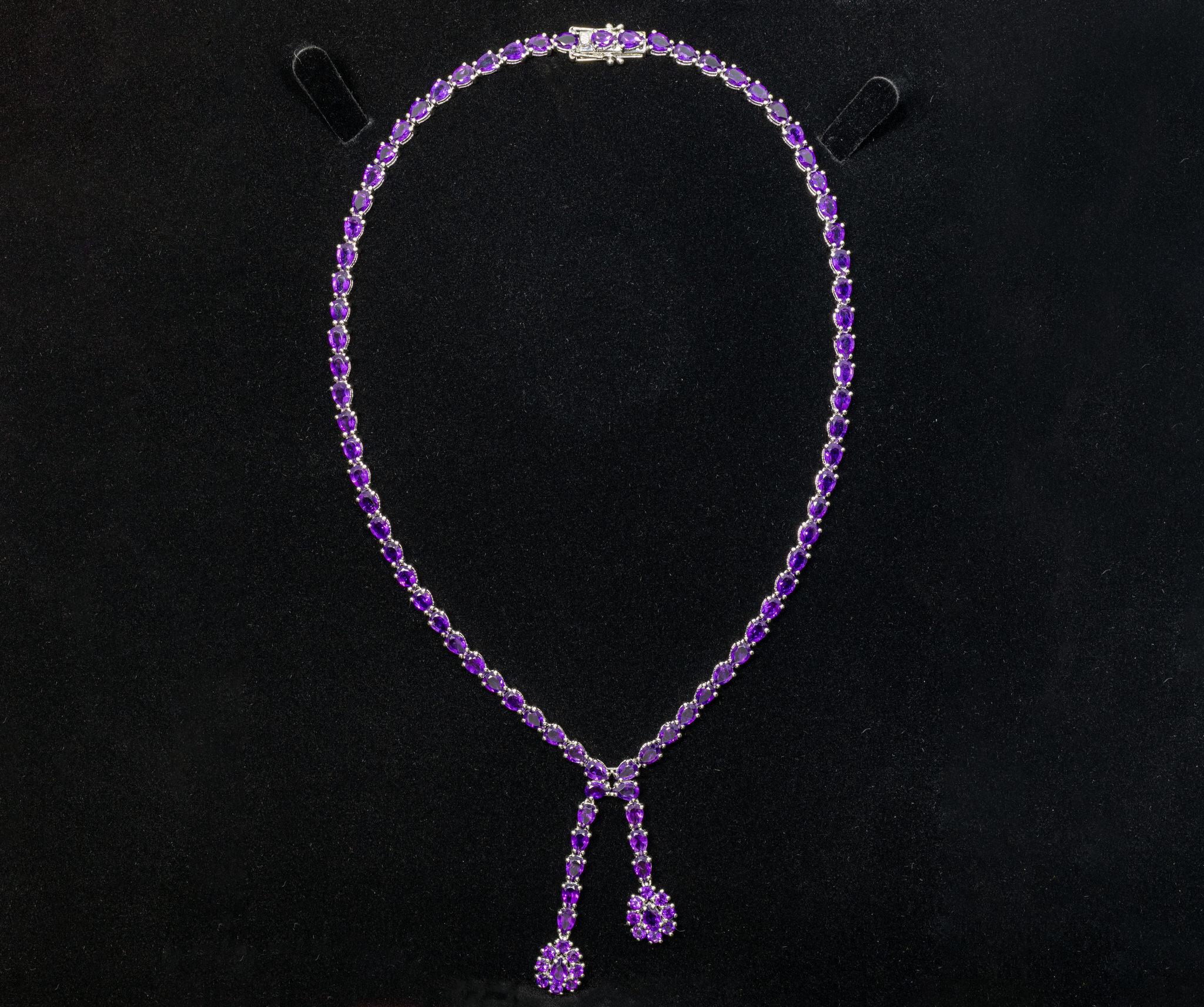 Natural Amethyst Double Drop Necklace 32 Carats Sterling Silver In Excellent Condition For Sale In Punta Gorda, FL