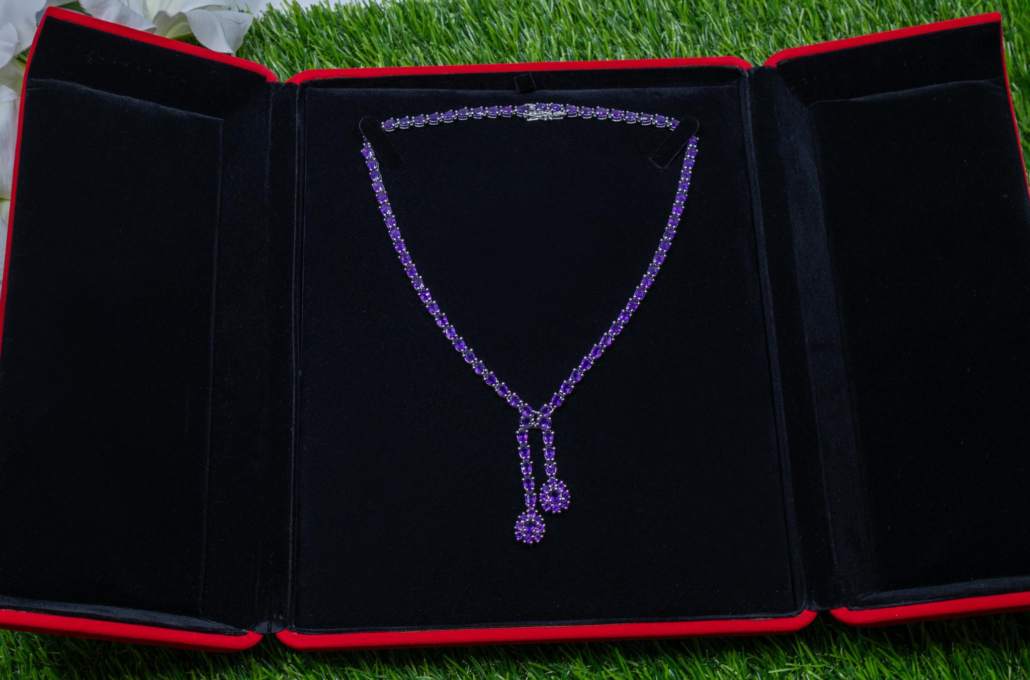 Women's Natural Amethyst Double Drop Necklace 32 Carats Sterling Silver For Sale