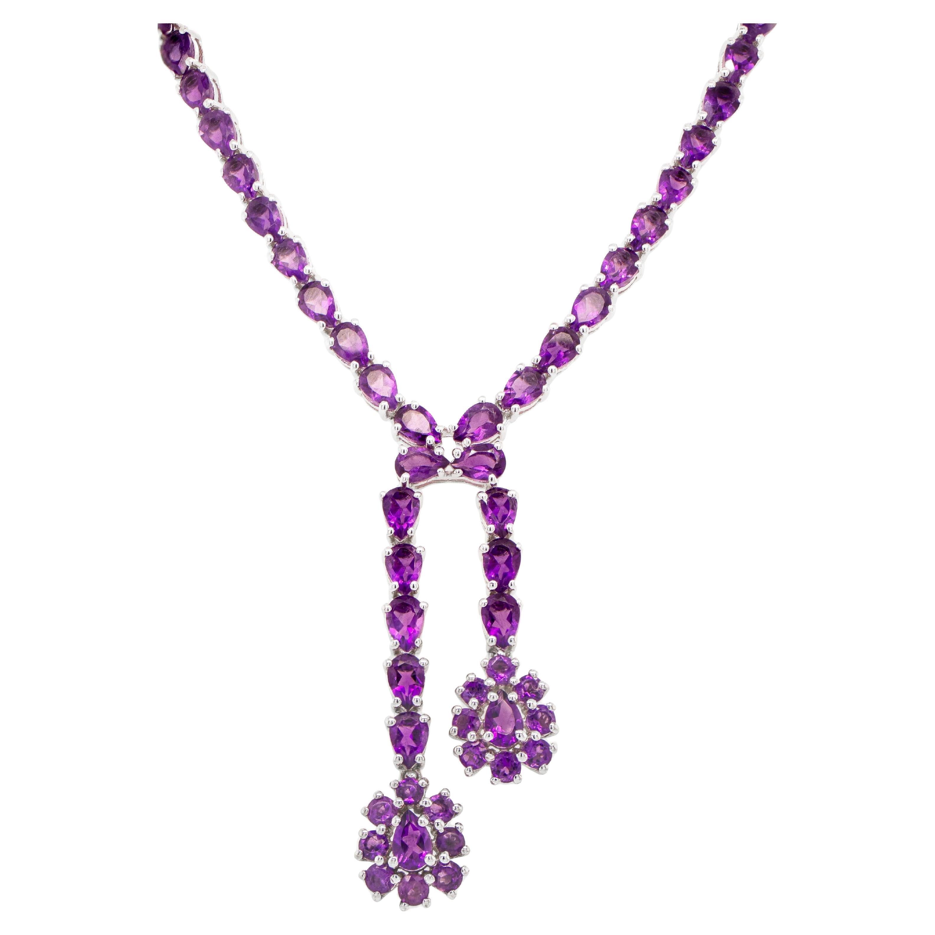 Natural Amethyst Double Drop Necklace 32 Carats Sterling Silver