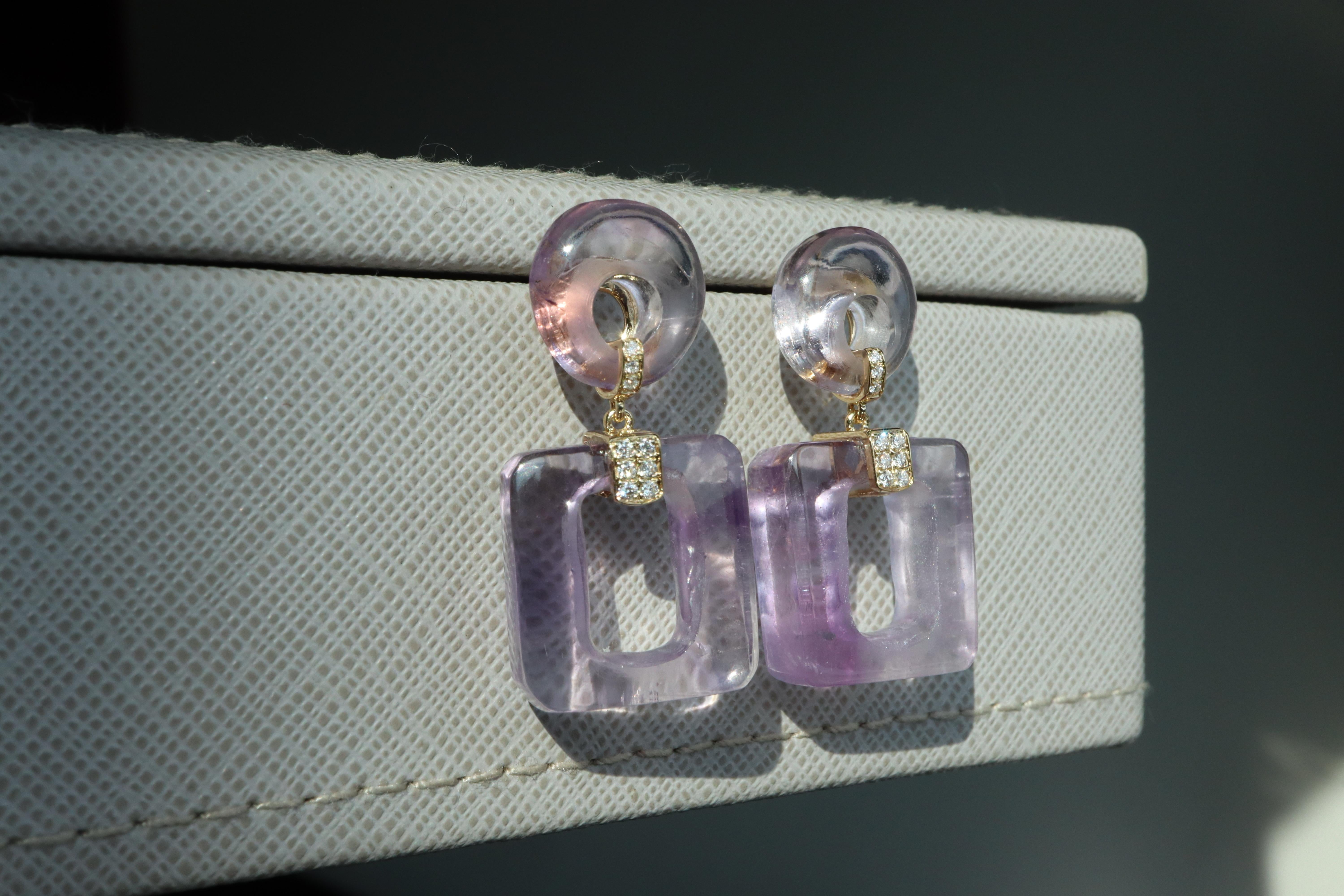 Art Deco Natural Amethyst Earring with Natural Diamonds in 18k solid gold