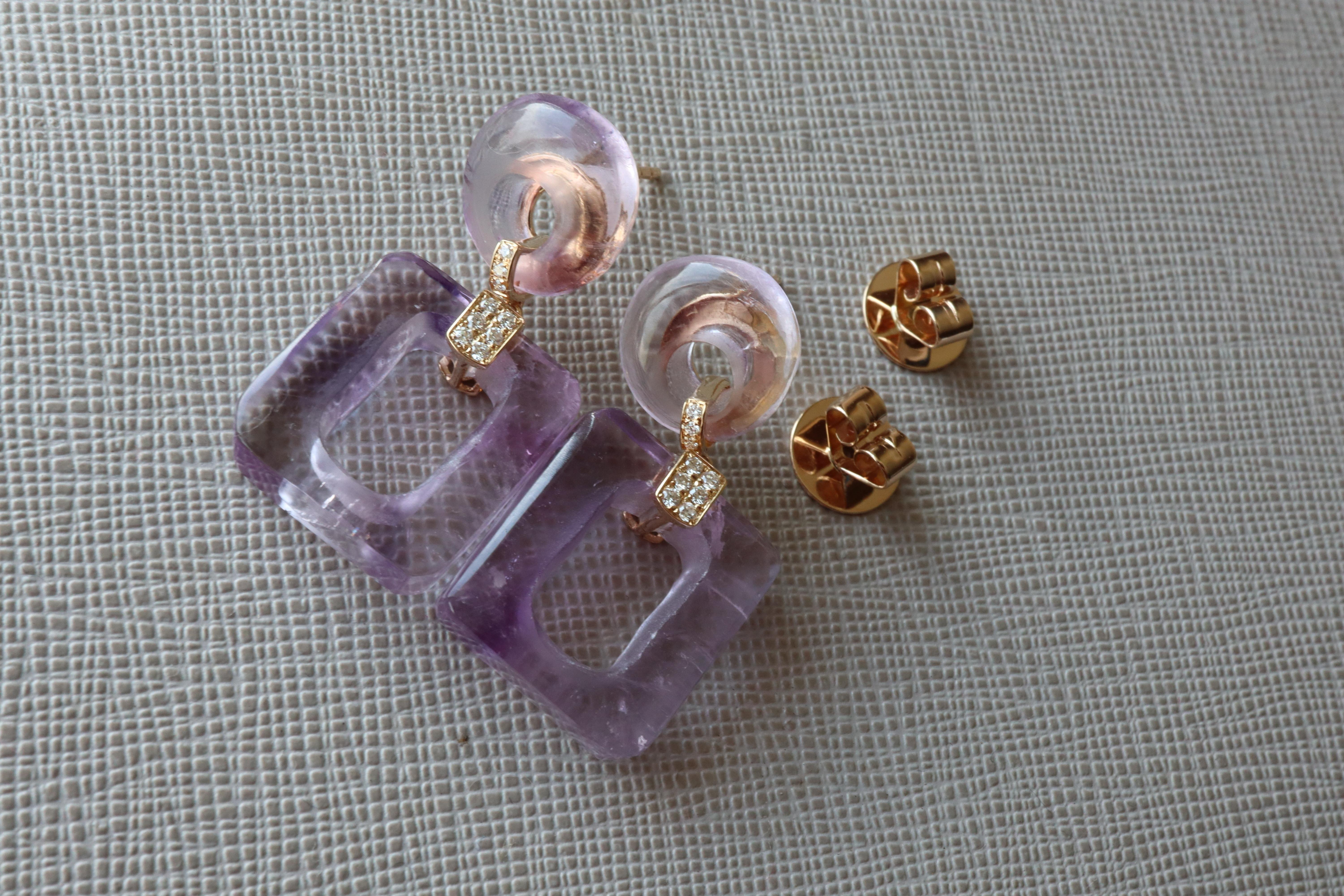 Natural Amethyst Earring with Natural Diamonds in 18k solid gold In New Condition In Singapore, SG