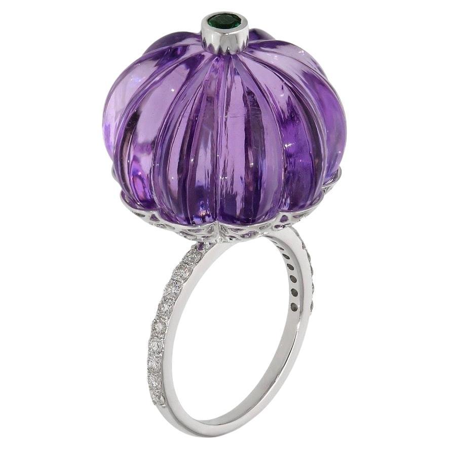 Natürlicher Amethyst & Smaragd Diamant Ring in 18k Gold
