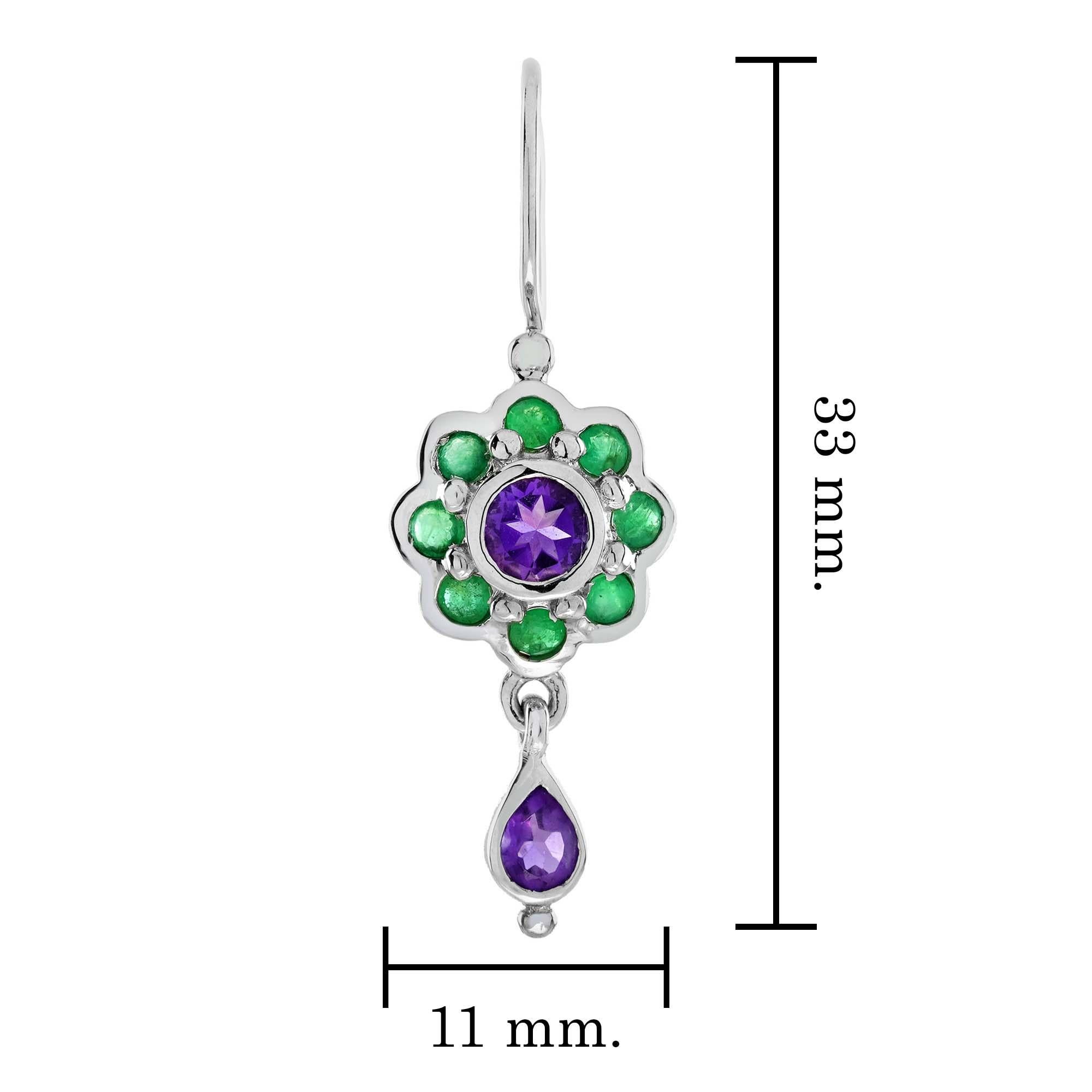 Natürliche Amethyst-Smaragd-Tropfen-Ohrringe im Vintage-Stil aus 9 Karat Weißgold im Zustand „Neu“ im Angebot in Bangkok, TH