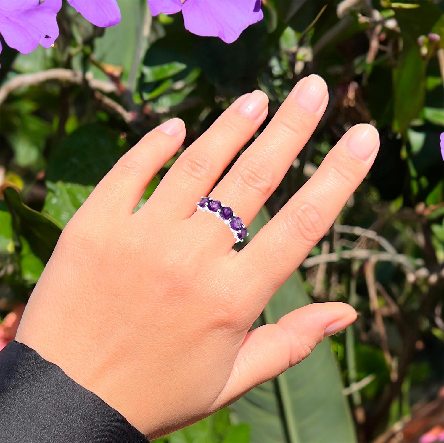 Round Cut Natural Amethyst Five Stone Ring 2.85 Carats Sterling Silver For Sale