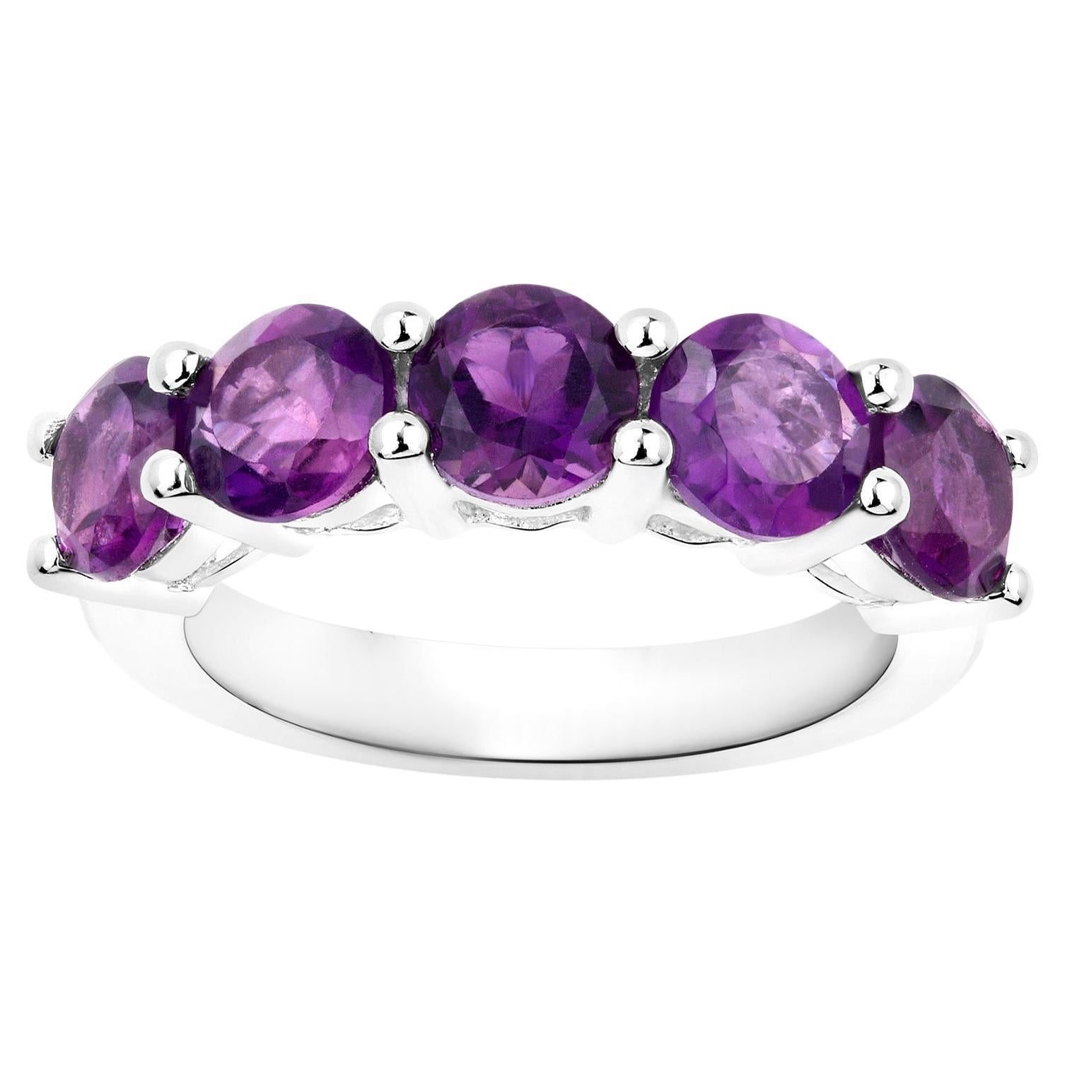 Natural Amethyst Five Stone Ring 2.85 Carats Sterling Silver For Sale