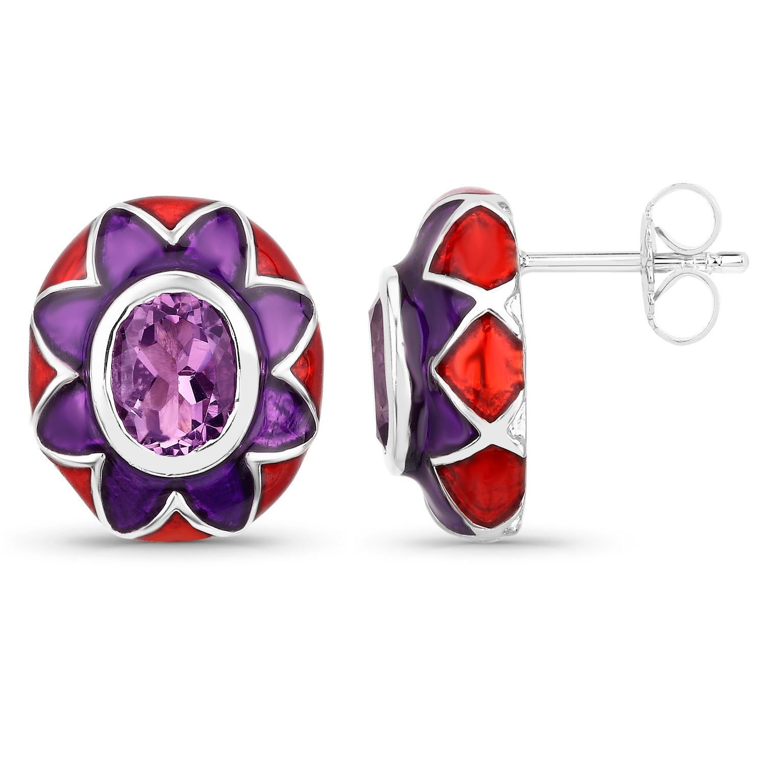 Boucles d'oreilles en améthyste naturelle à fleurs émaillées 2,3 carats Unisexe en vente
