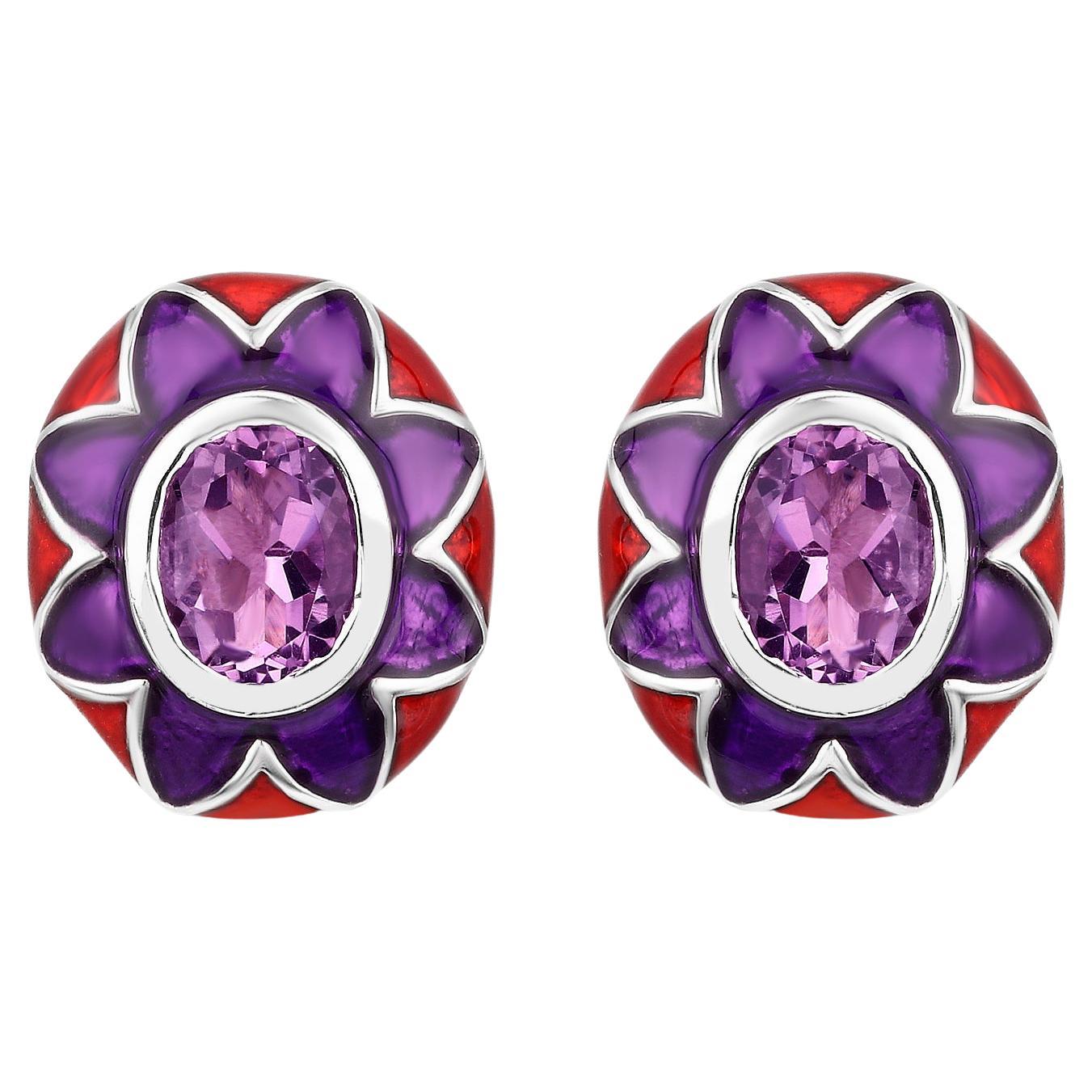 Natural Amethyst Floral Enamel Earrings 2.3 Carats For Sale