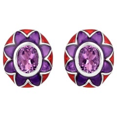 Natural Amethyst Floral Enamel Earrings 2.3 Carats