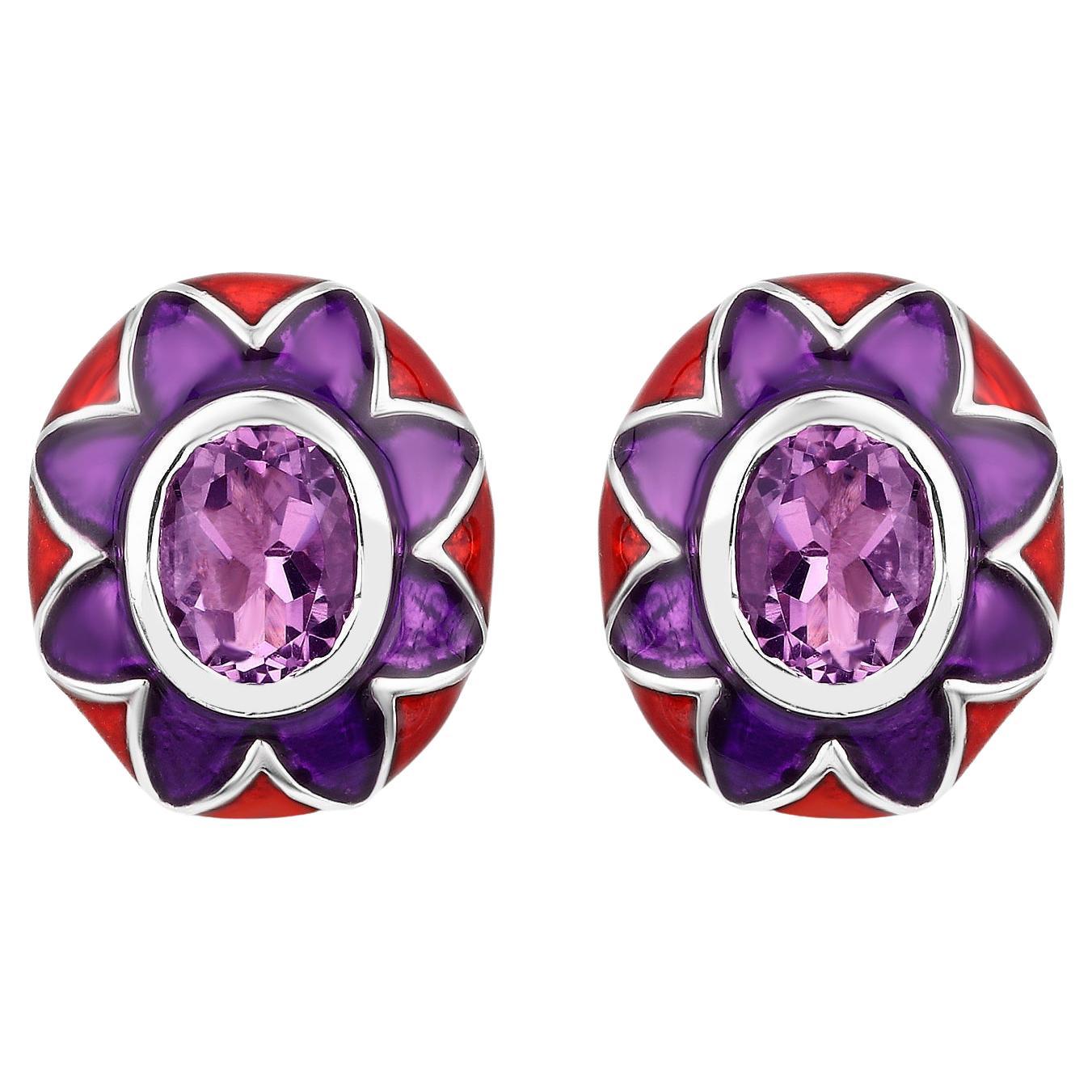 Boucles d'oreilles en améthyste naturelle à fleurs émaillées 2,3 carats
