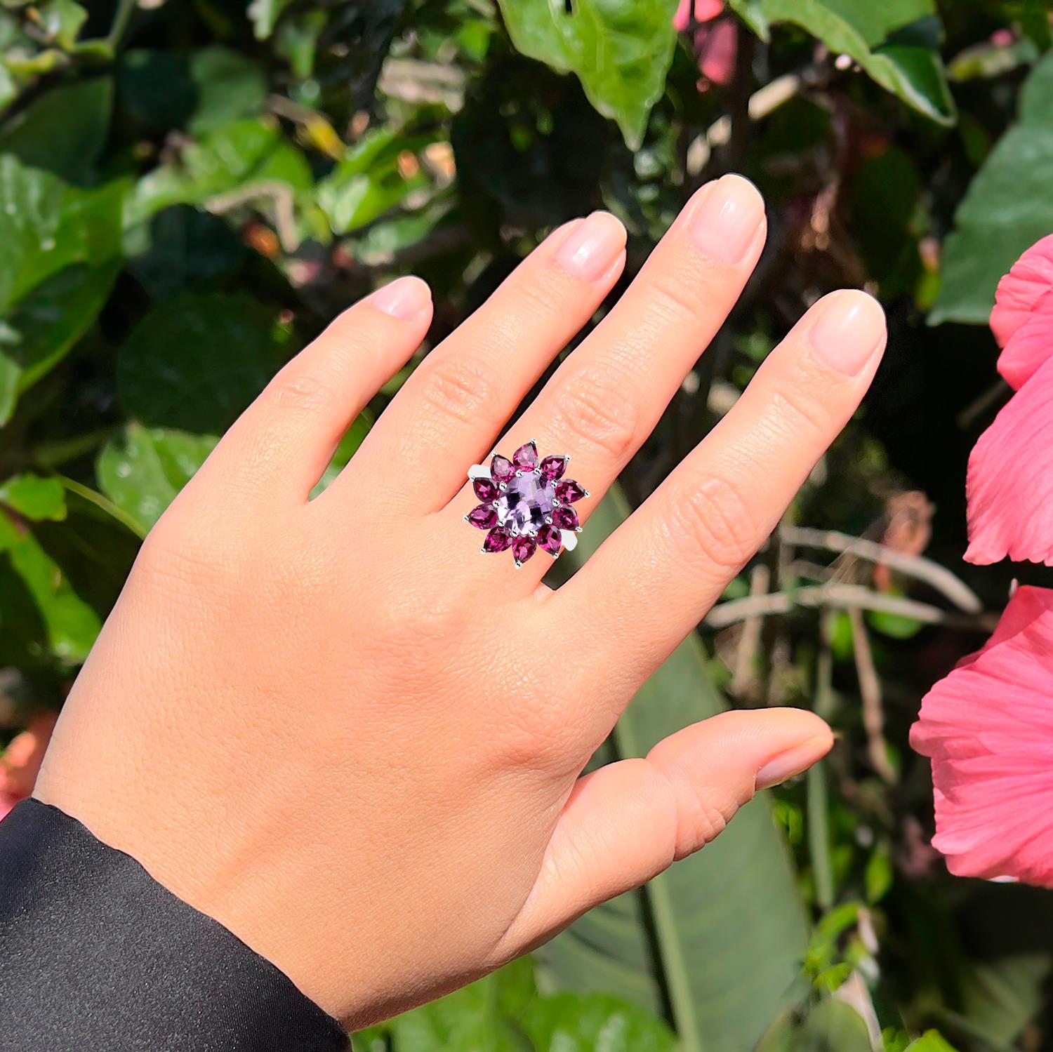 Oval Cut Natural Amethyst Flower Cocktail Ring Rhodolite Halo 5.68 Carats For Sale