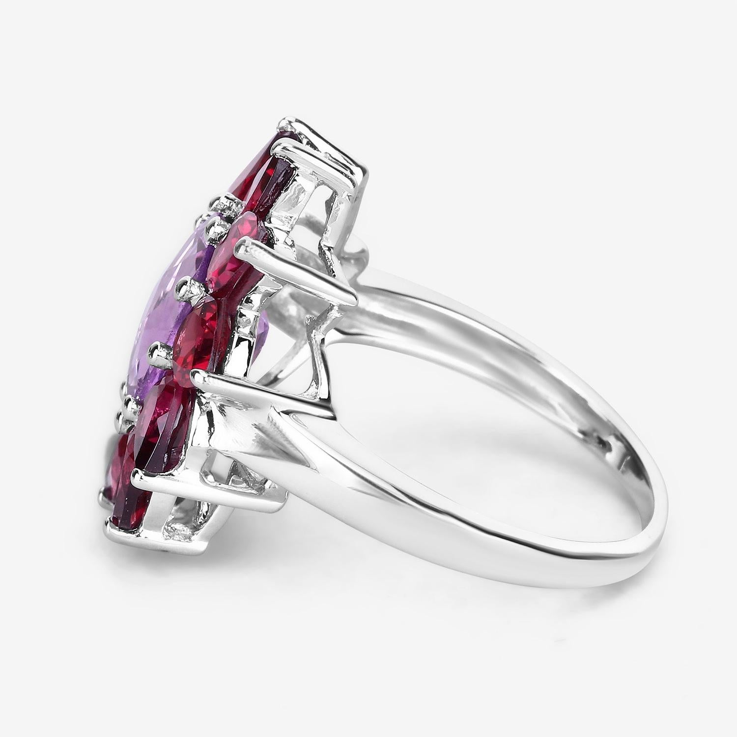 Natural Amethyst Flower Cocktail Ring Rhodolite Halo 5.68 Carats In Excellent Condition For Sale In Laguna Niguel, CA