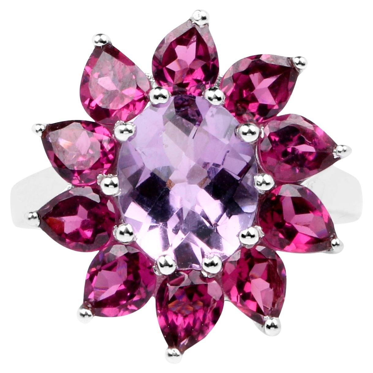 Natural Amethyst Flower Cocktail Ring Rhodolite Halo 5.68 Carats For Sale