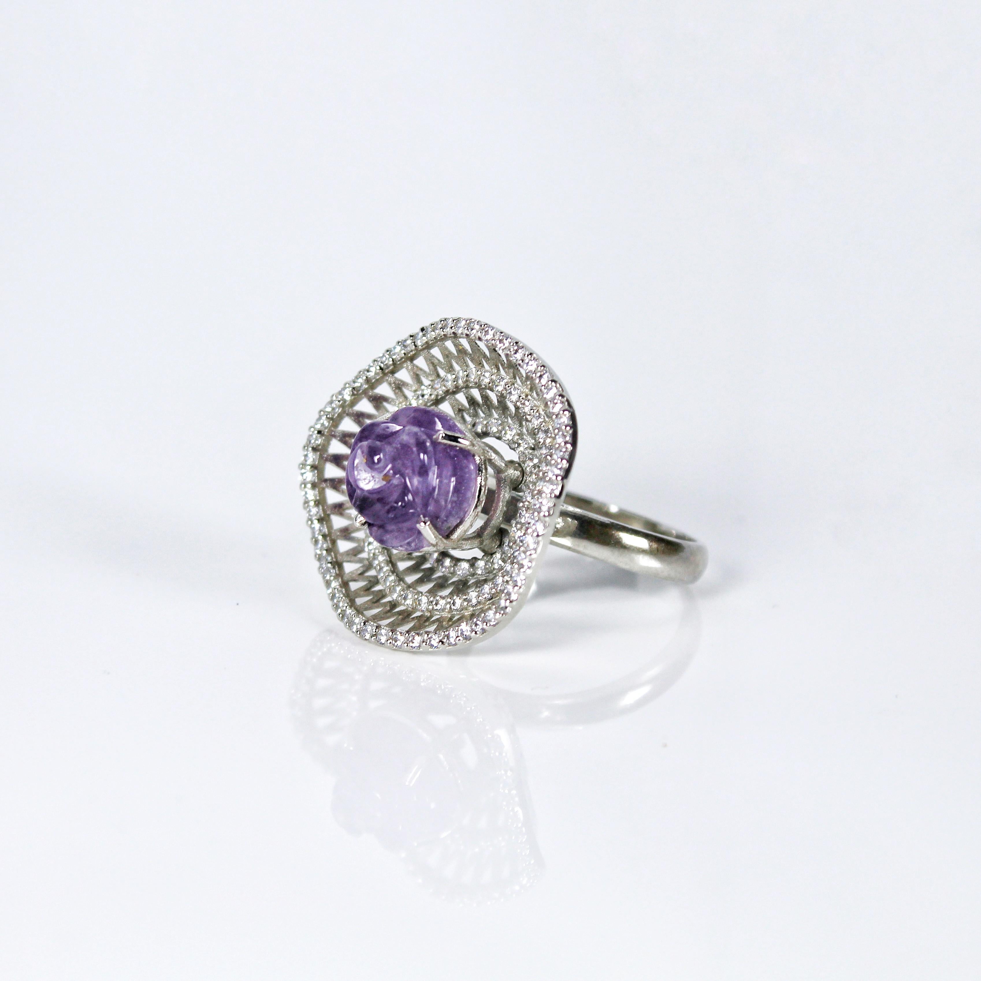 Rose Cut Natural Amethyst Gemstone Cocktail Ring For Sale