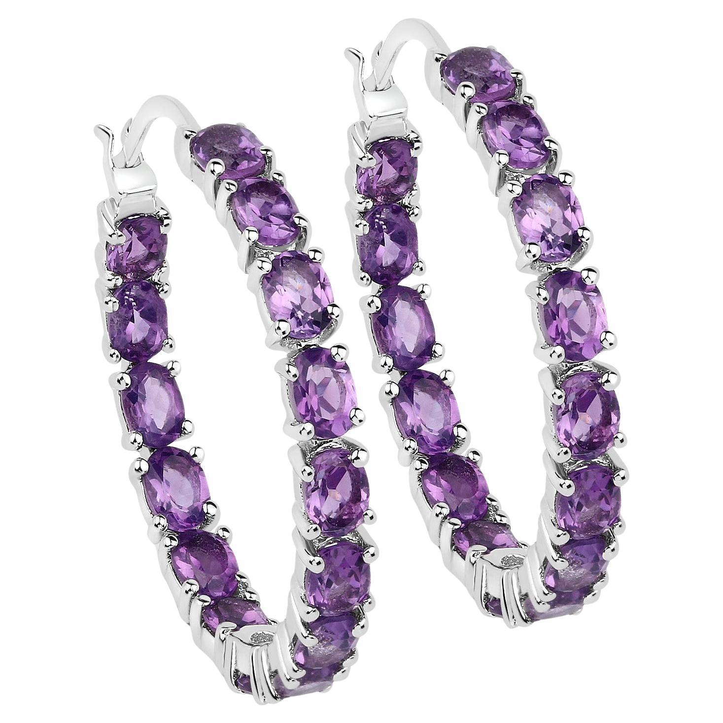 Natural Amethyst Hoop Earrings 4.80 Carats Sterling Silver