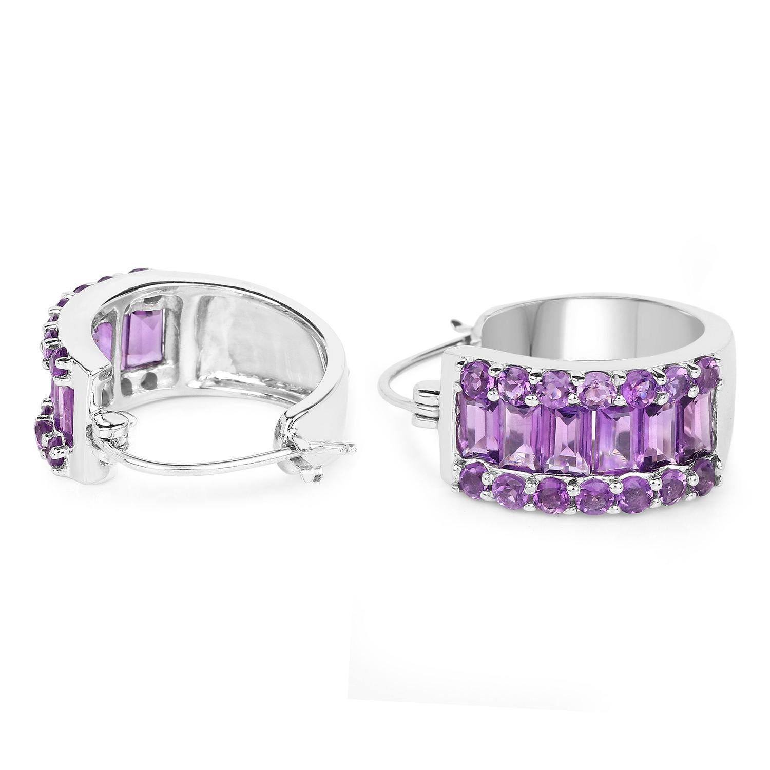 Mixed Cut Natural Amethyst Huggies Hoop Earrings Baguette and Round Cut 5.6 Carats For Sale