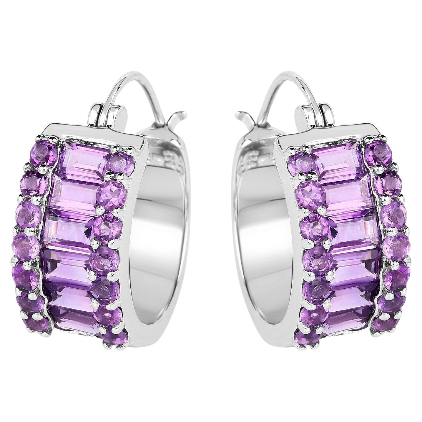 Natural Amethyst Huggies Hoop Earrings Baguette and Round Cut 5.6 Carats