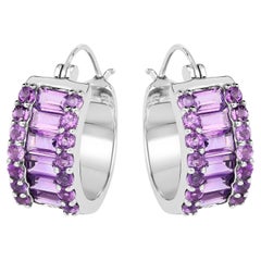 Natural Amethyst Huggies Hoop Earrings Baguette and Round Cut 5.6 Carats