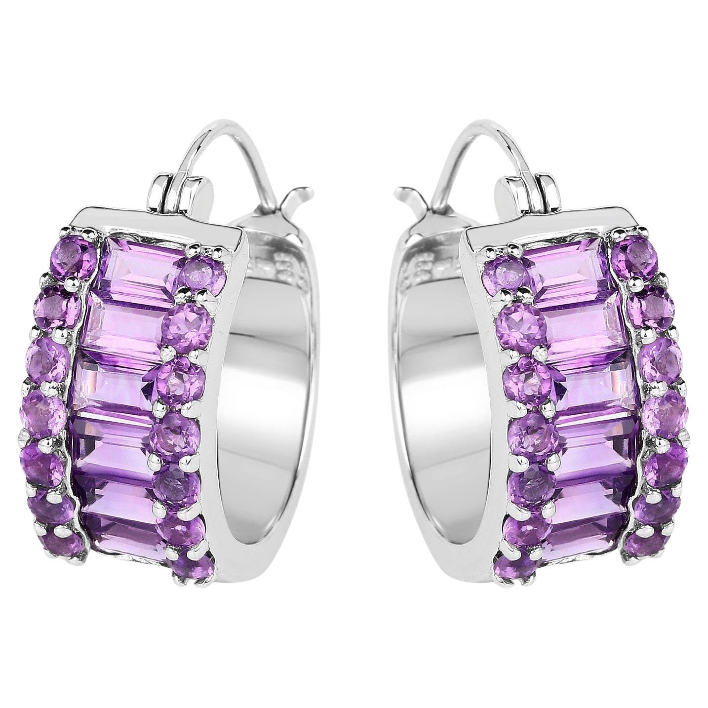Natural Amethyst Huggies Hoop Earrings Baguette and Round Cut 5.6 Carats For Sale