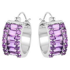 Natural Amethyst Huggies Hoop Earrings Baguette and Round Cut 5.6 Carats