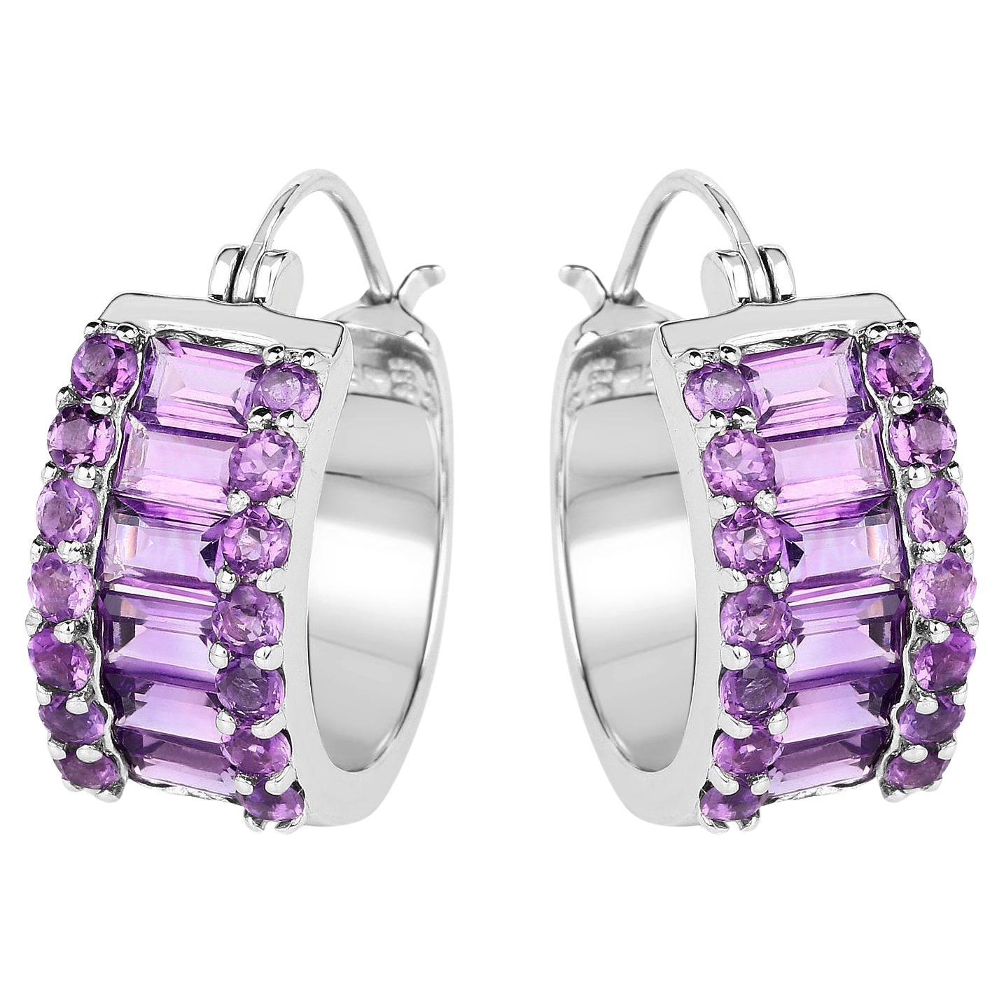 Natürlicher Amethyst Huggies Creolen mit Baguette- und Rundschliff 5,6 Karat
