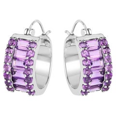 Natural Amethyst Huggies Hoop Earrings Baguette and Round Cut 5.6 Carats
