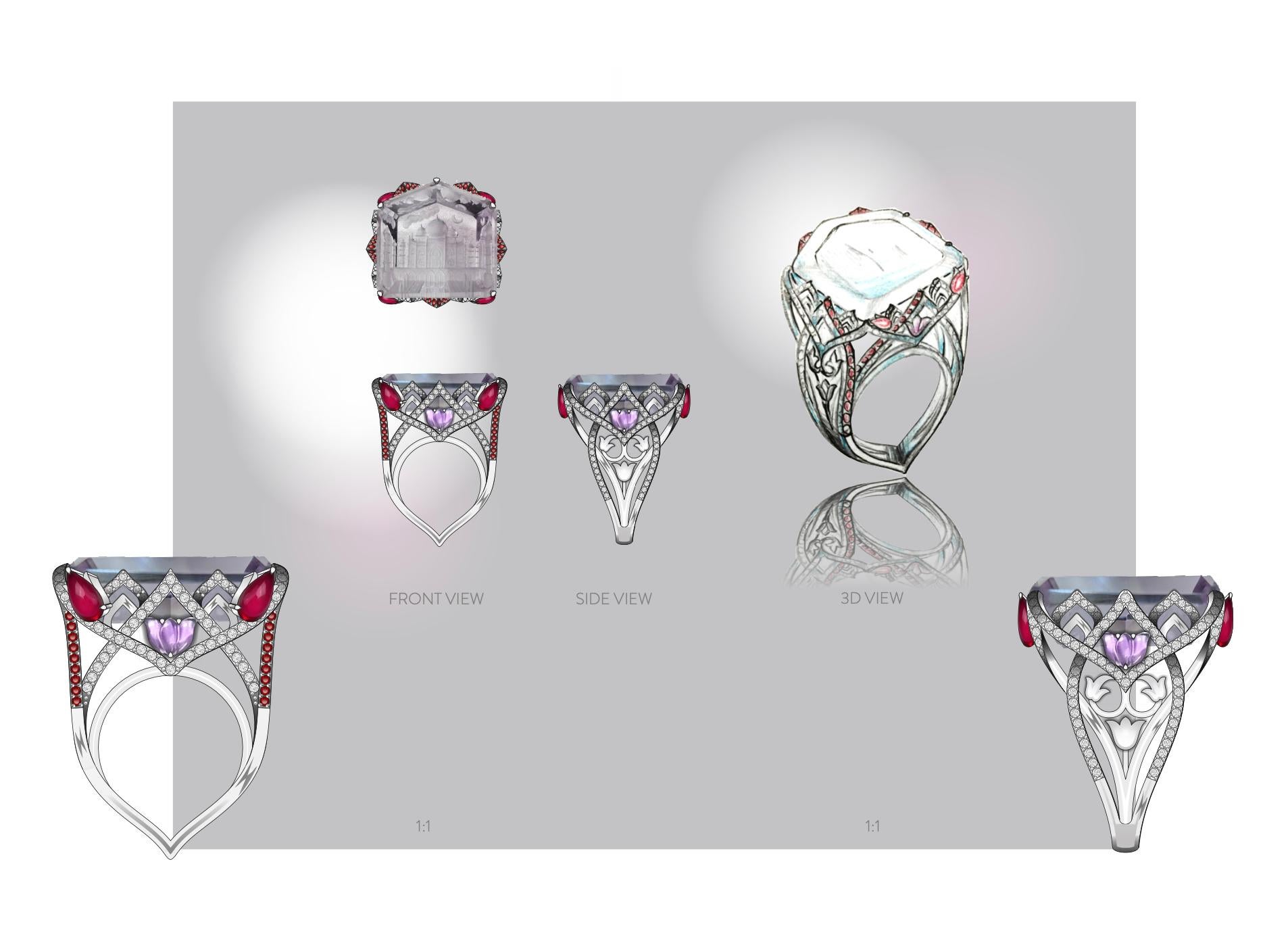 Natural Amethyst Lavender Taj Mahal Reverse Intaglio Loose Gemstone Ring For Sale 1