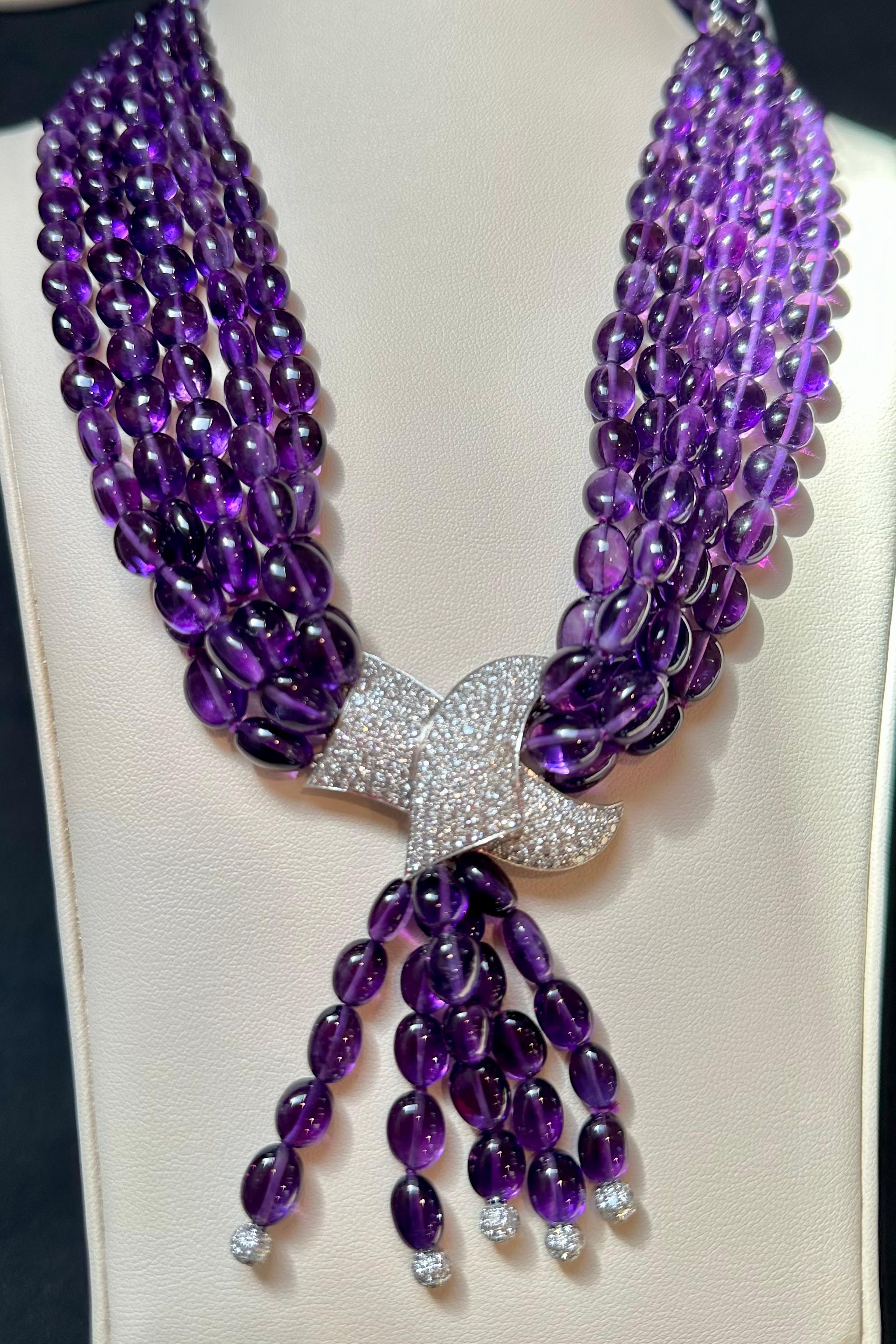 700 Ct Natural Amethyst Multi Layer Bead Necklace in Platinum with 9 Ct Diamonds For Sale 9