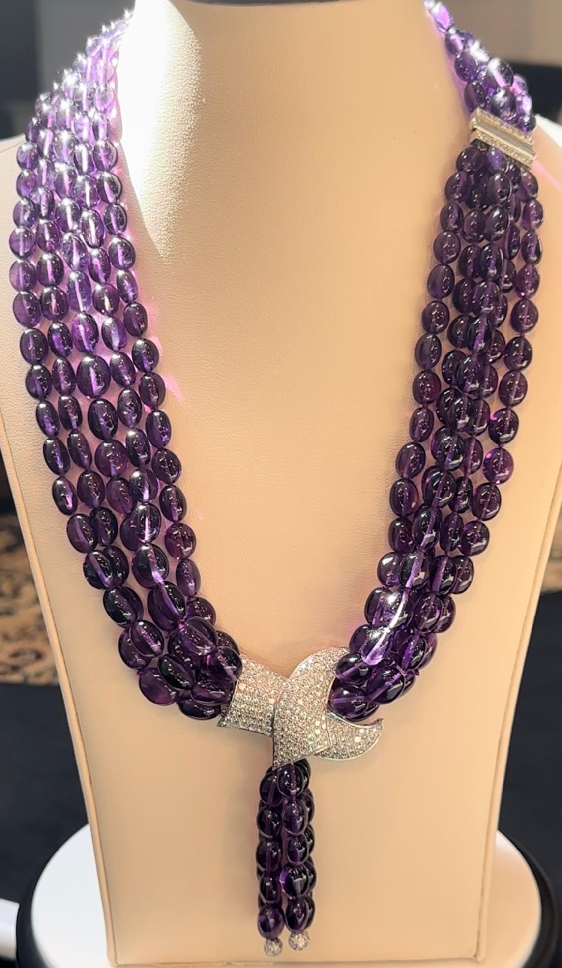 700 Ct Natural Amethyst Multi Layer Bead Necklace in Platinum with 9 Ct Diamonds For Sale 12