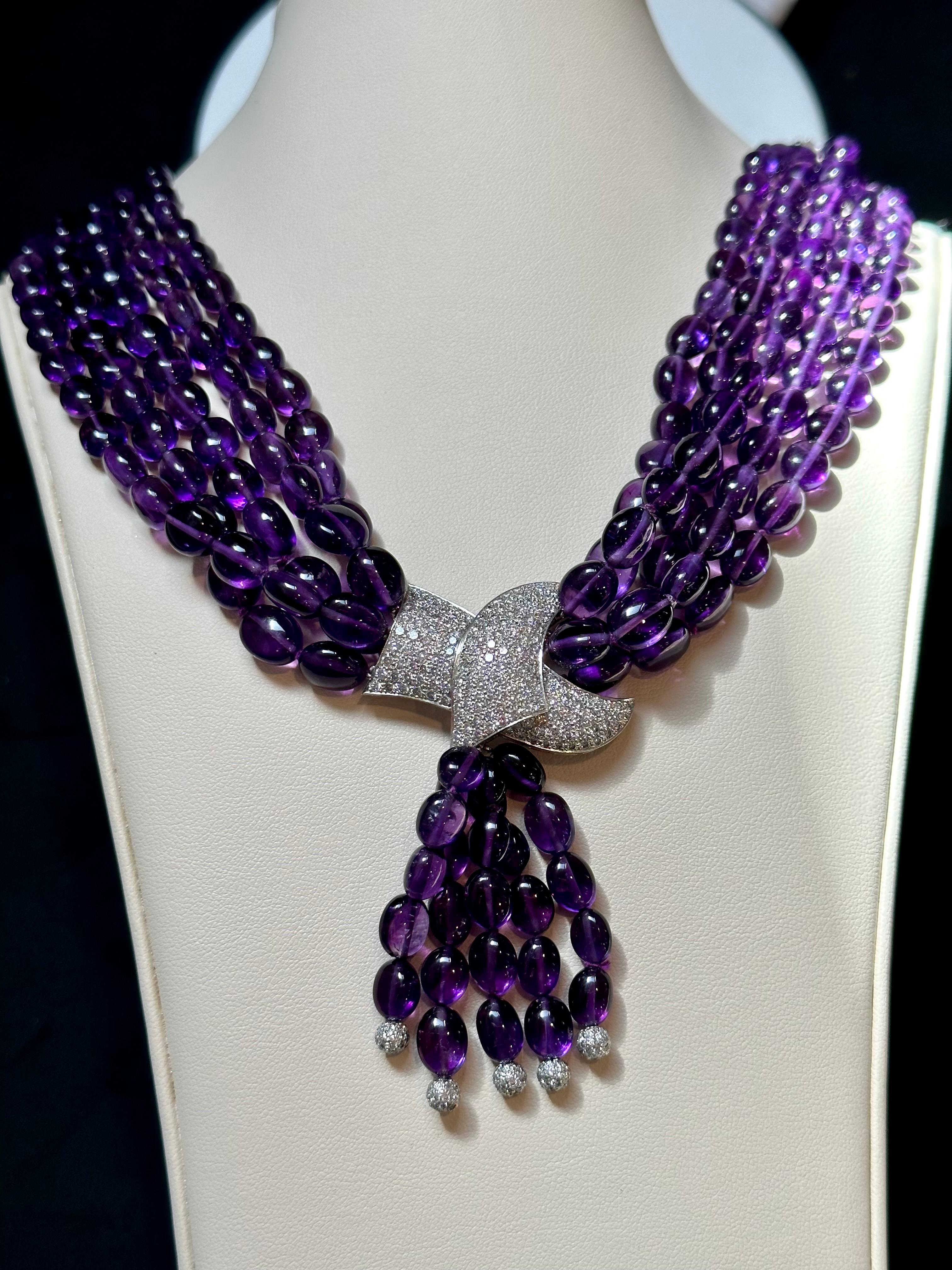 700 Ct Natural Amethyst Multi Layer Bead Necklace in Platinum with 9 Ct Diamonds For Sale 13