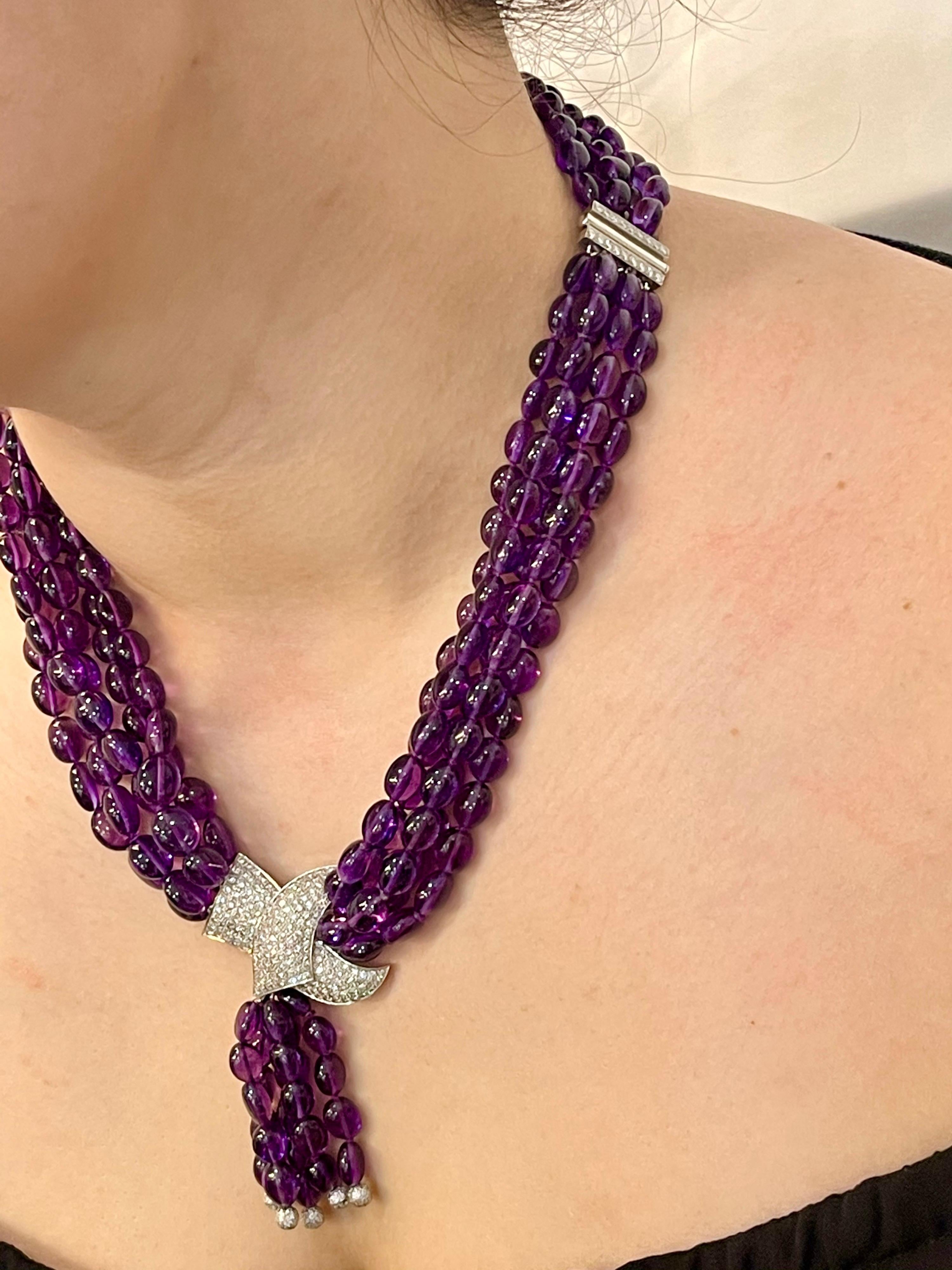 700 Ct Natural Amethyst Multi Layer Bead Necklace in Platinum with 9 Ct Diamonds For Sale 1