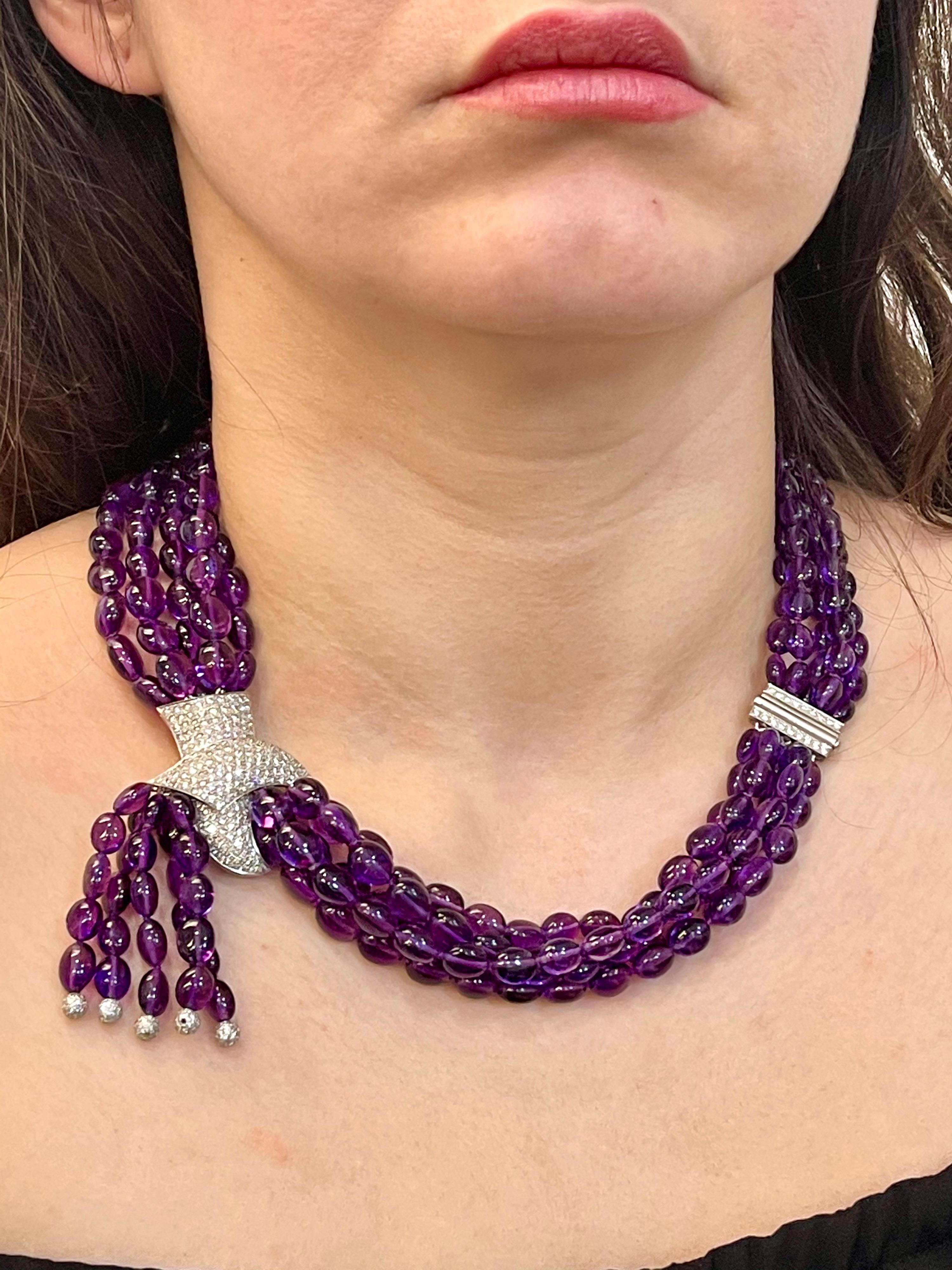 700 Ct Natural Amethyst Multi Layer Bead Necklace in Platinum with 9 Ct Diamonds For Sale 2