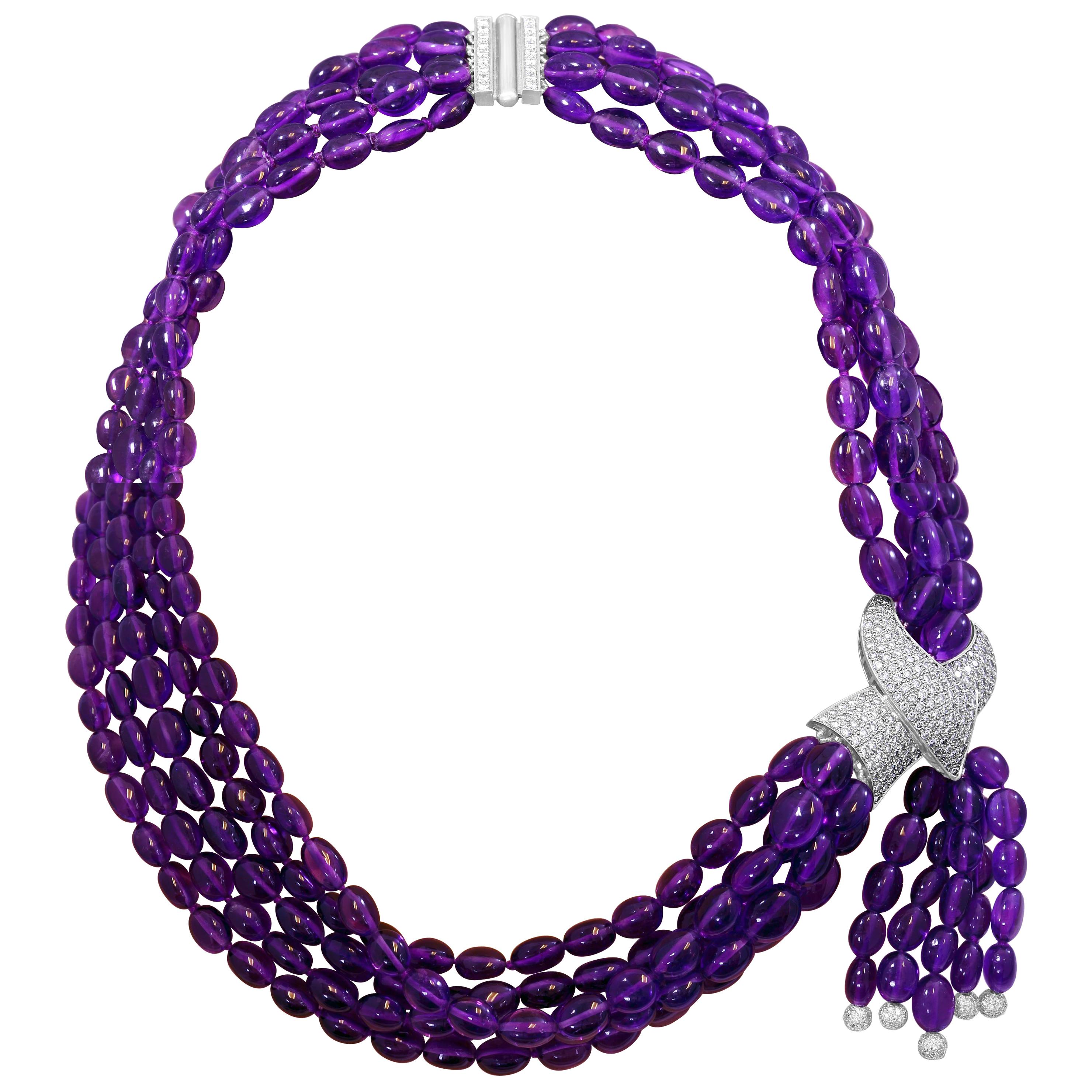 Natural Amethyst Multi Layer Bead Necklace in Platinum with Diamonds