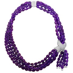 Natural Amethyst Multi Layer Bead Necklace in Platinum with Diamonds