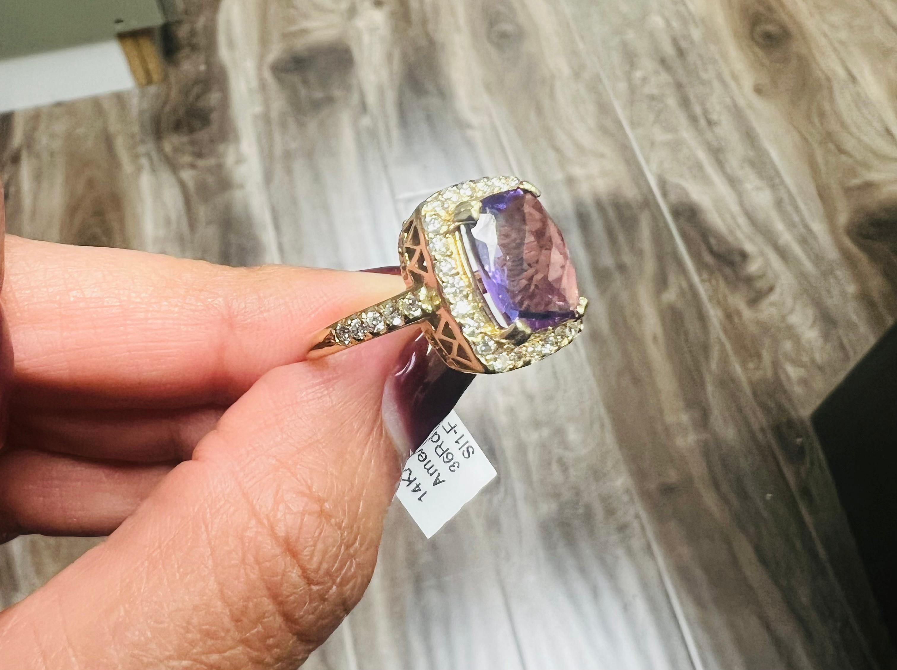Natürlicher Amethyst Natürlicher Diamant Gelbgold Cocktail-Ring im Angebot 2