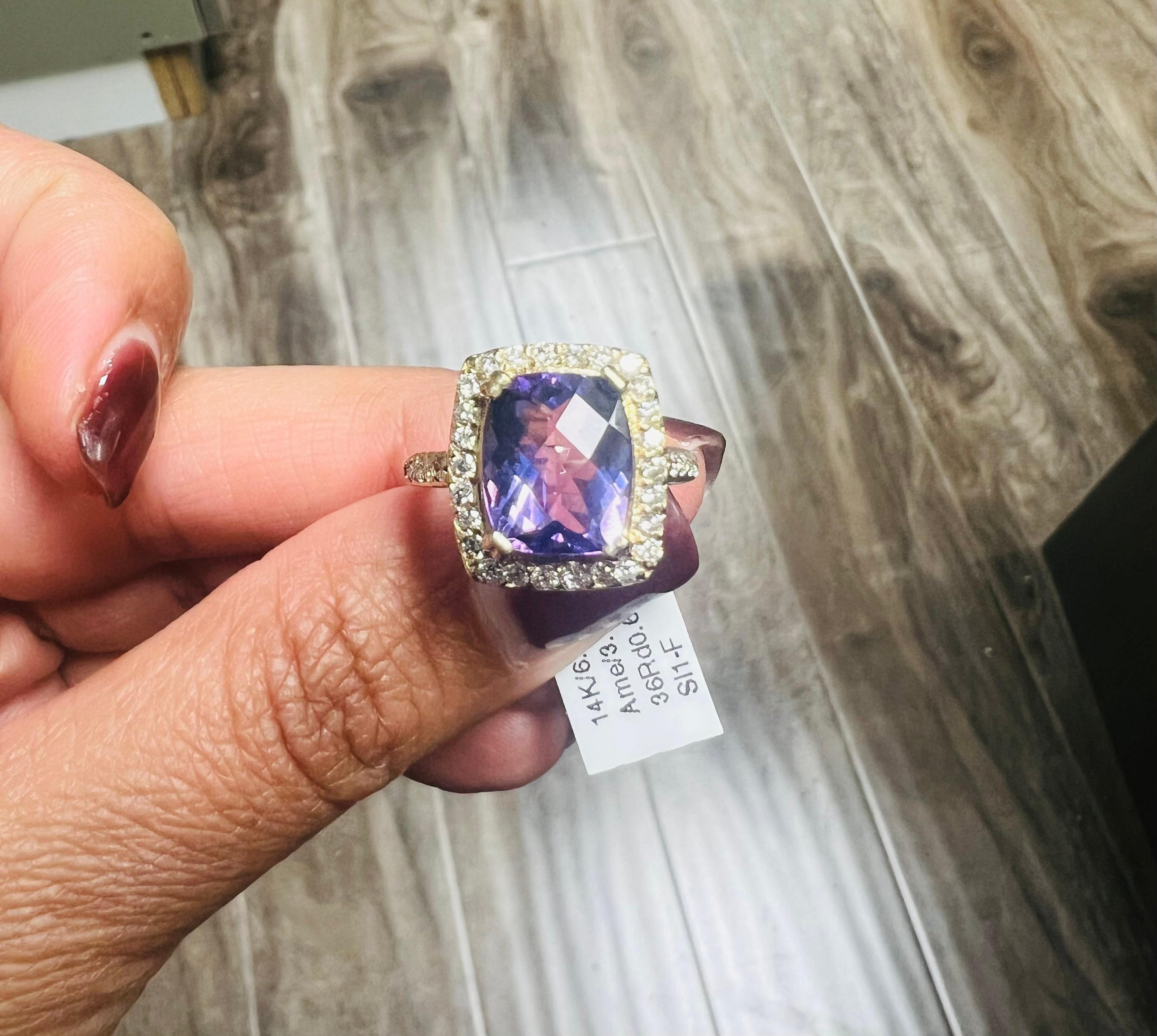 Natürlicher Amethyst Natürlicher Diamant Gelbgold Cocktail-Ring im Angebot 3