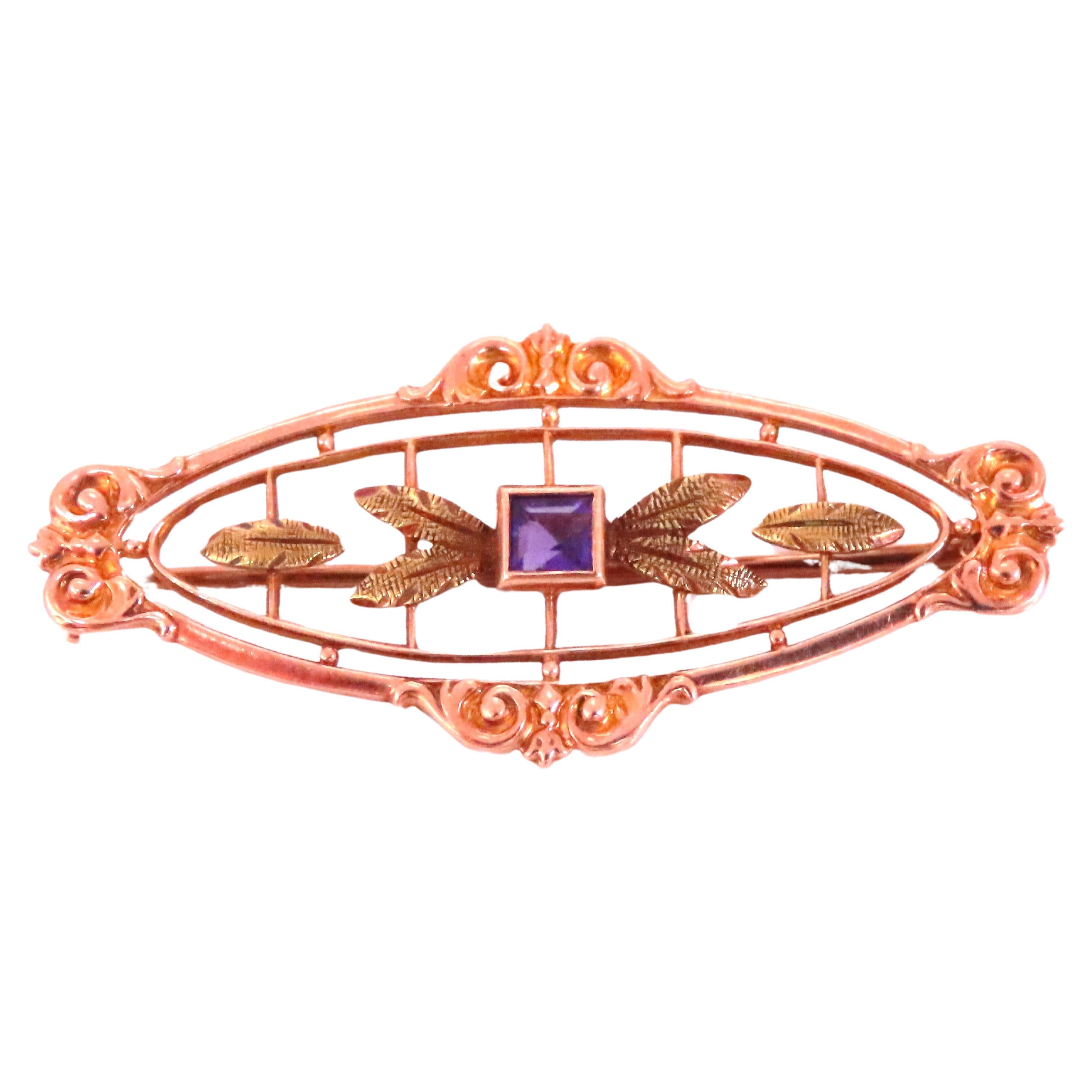 Natural Amethyst Neoclassical Brooch Pin 14kt Gold 12364 For Sale