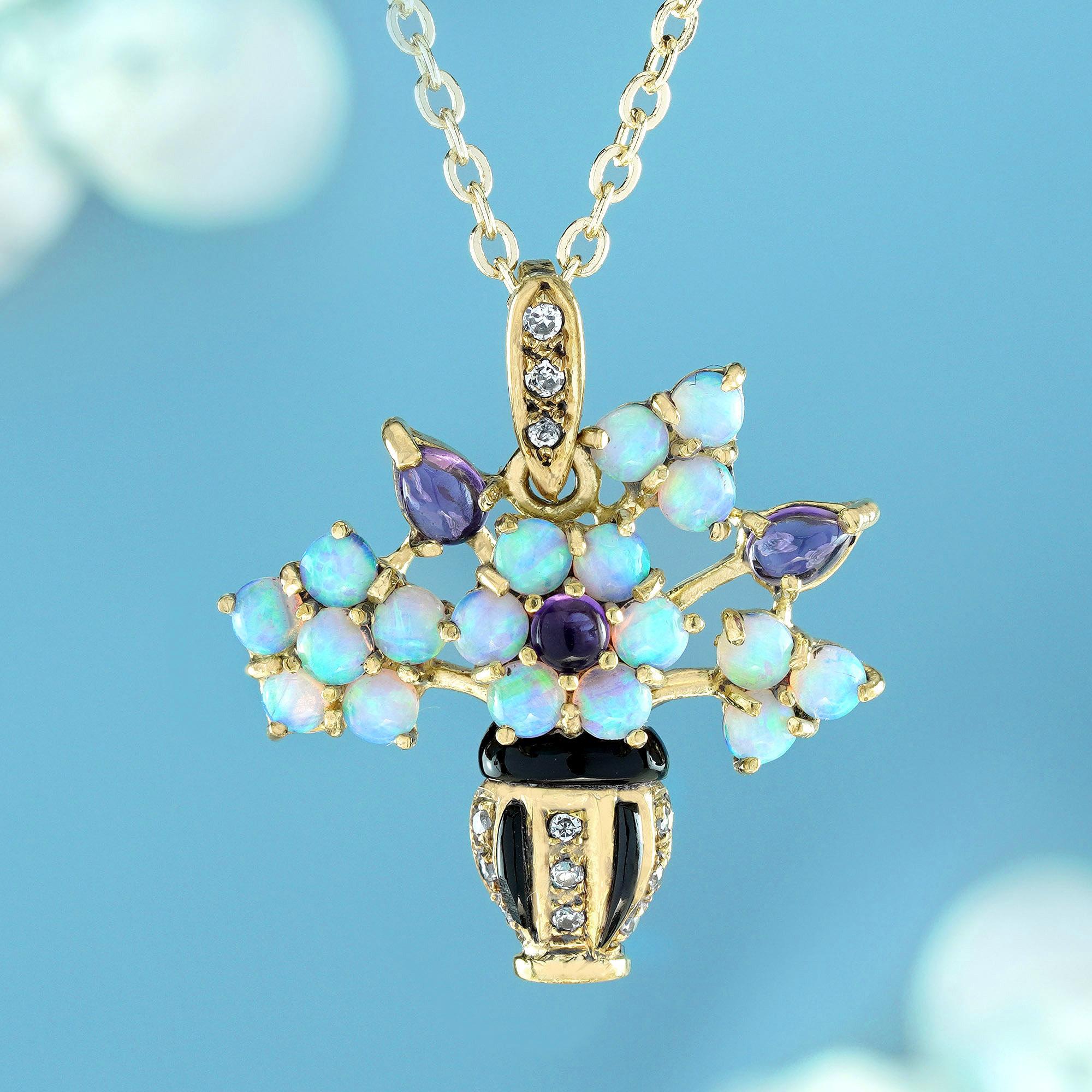 Edwardian Natural Amethyst Opal Diamond Onyx Floral Vase Pendant in Solid 9K Yellow Gold For Sale