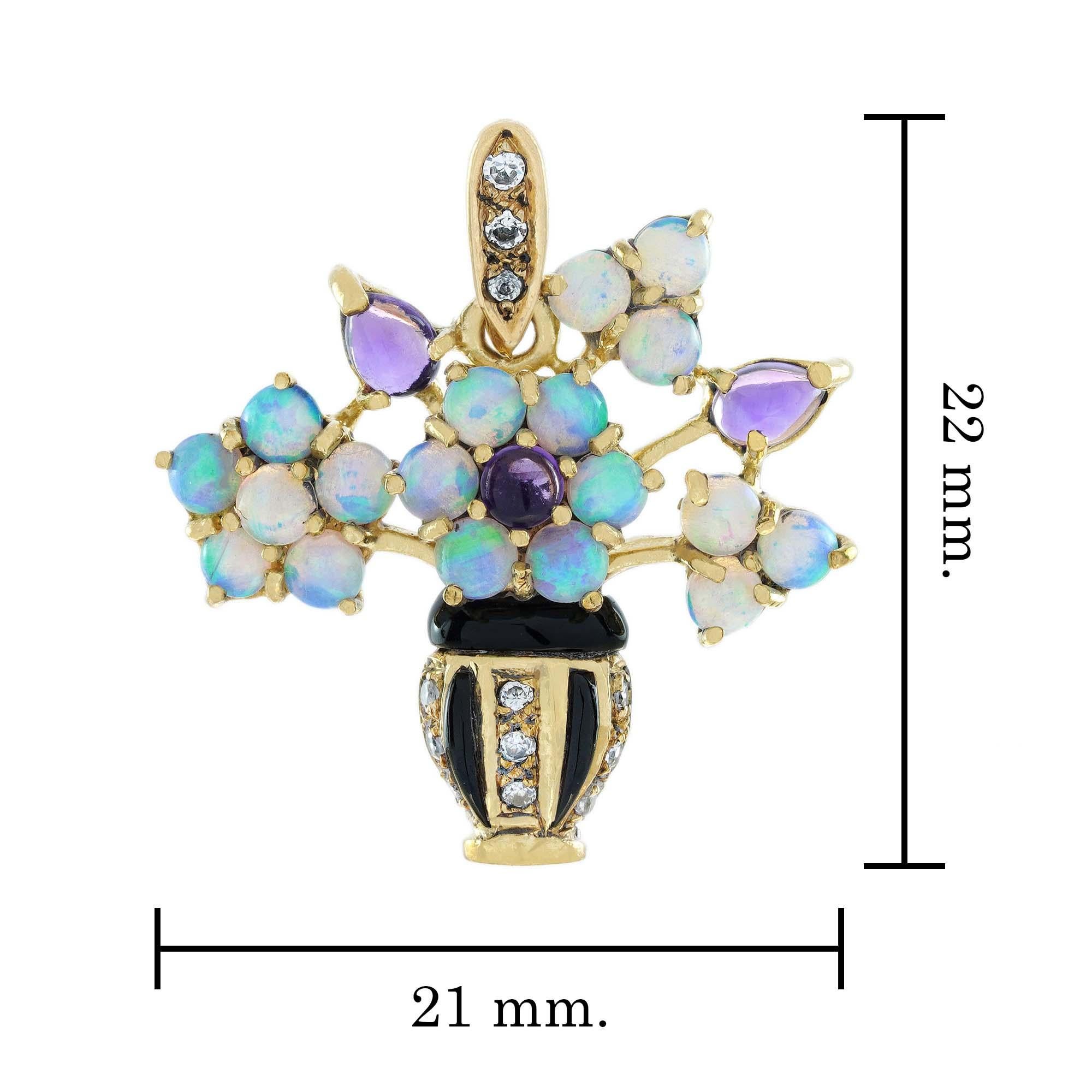 Natural Amethyst Opal Diamond Onyx Floral Vase Pendant in Solid 9K Yellow Gold In New Condition For Sale In Bangkok, TH