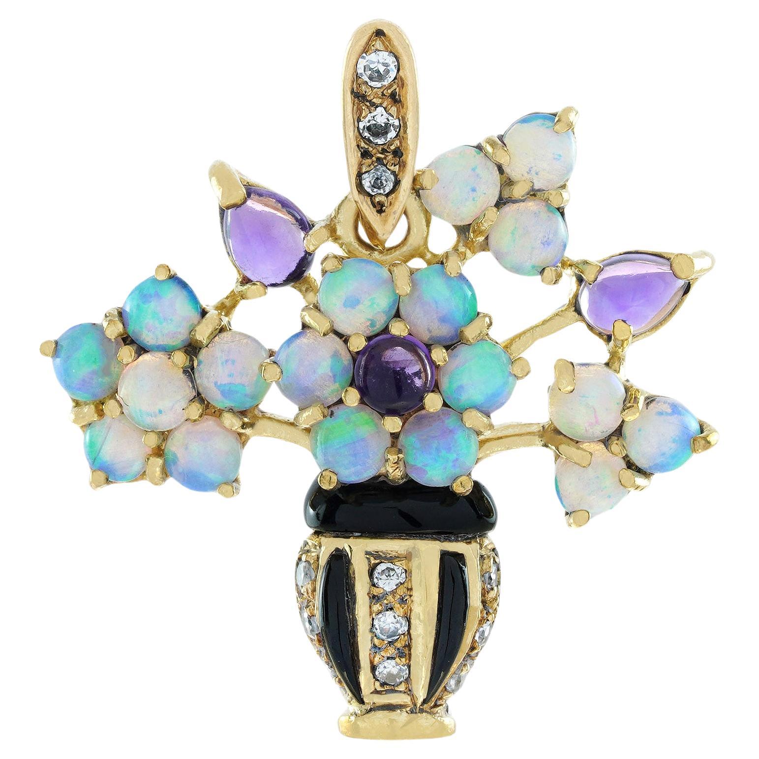 Natural Amethyst Opal Diamond Onyx Floral Vase Pendant in Solid 9K Yellow Gold For Sale