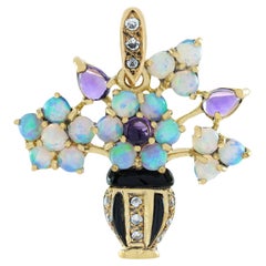 Blumenvasen-Anhänger aus massivem 9 Karat Gelbgold mit natürlichem Amethyst, Opal, Diamant und Onyx