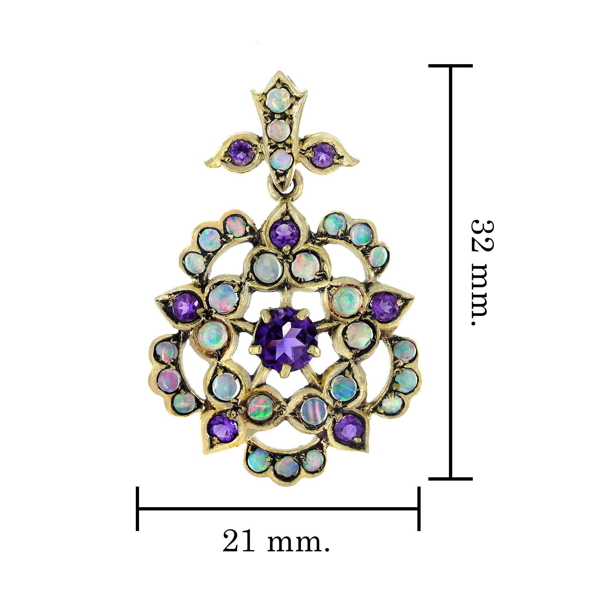 Pendentif grappe florale de style édouardien en or jaune 9 carats avec améthyste naturelle et opale Neuf - En vente à Bangkok, TH
