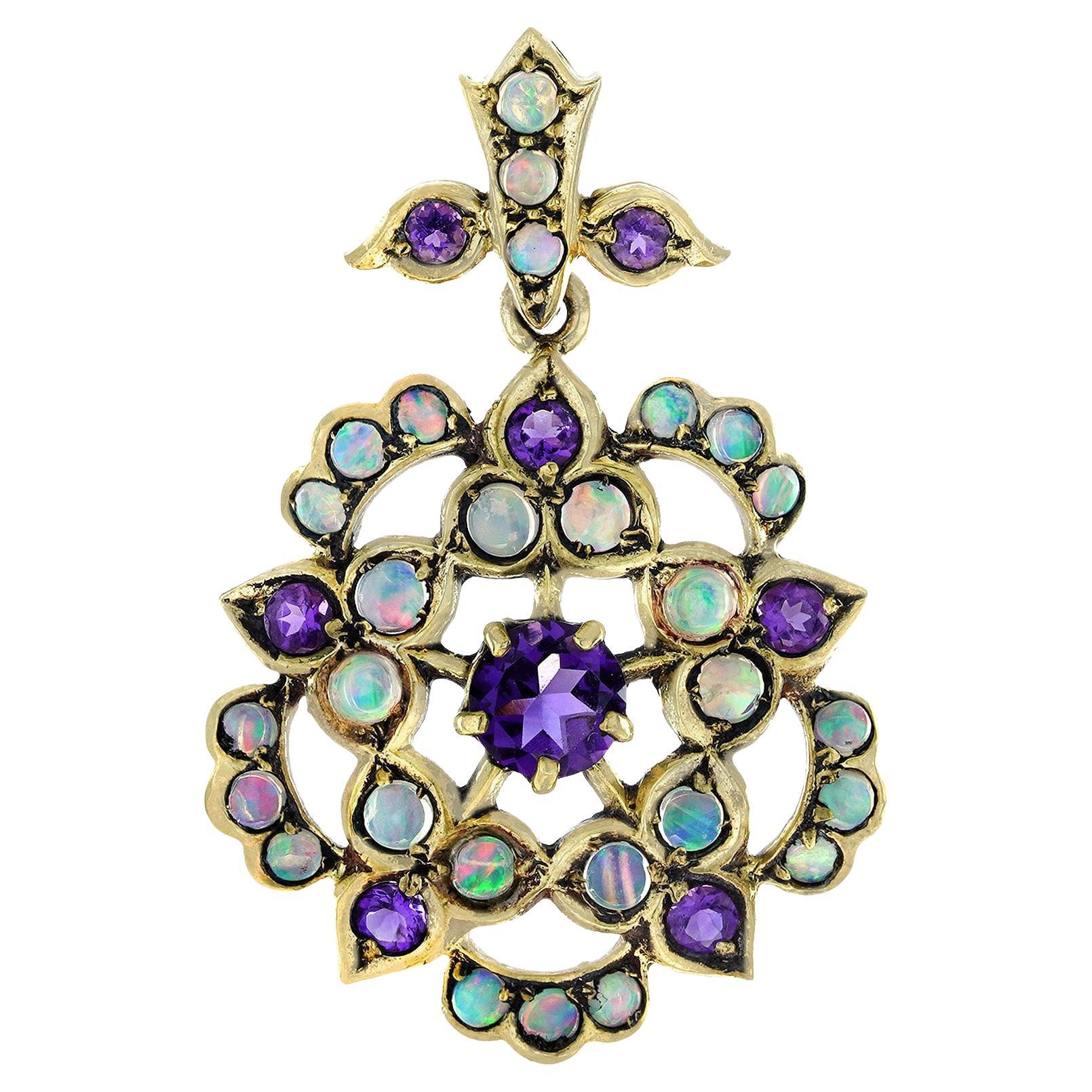 Natural Amethyst Opal Edwardian Style Floral Cluster Pendant in 9K Yellow Gold