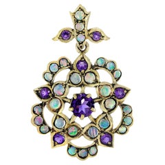 Natural Amethyst Opal Edwardian Style Floral Cluster Pendant in 9K Yellow Gold